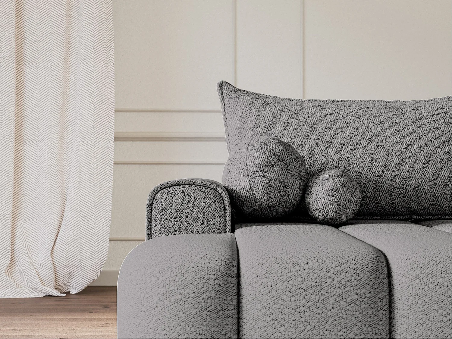 Ecksofa mit Schlaffunktion, Stauraum und Bouclé-Bezug - grau - links - DANDELINO