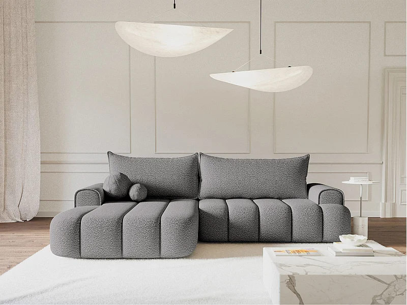 Hoekbank - in grijze bouclé met stoffering - linkerzijde - DANDELINO