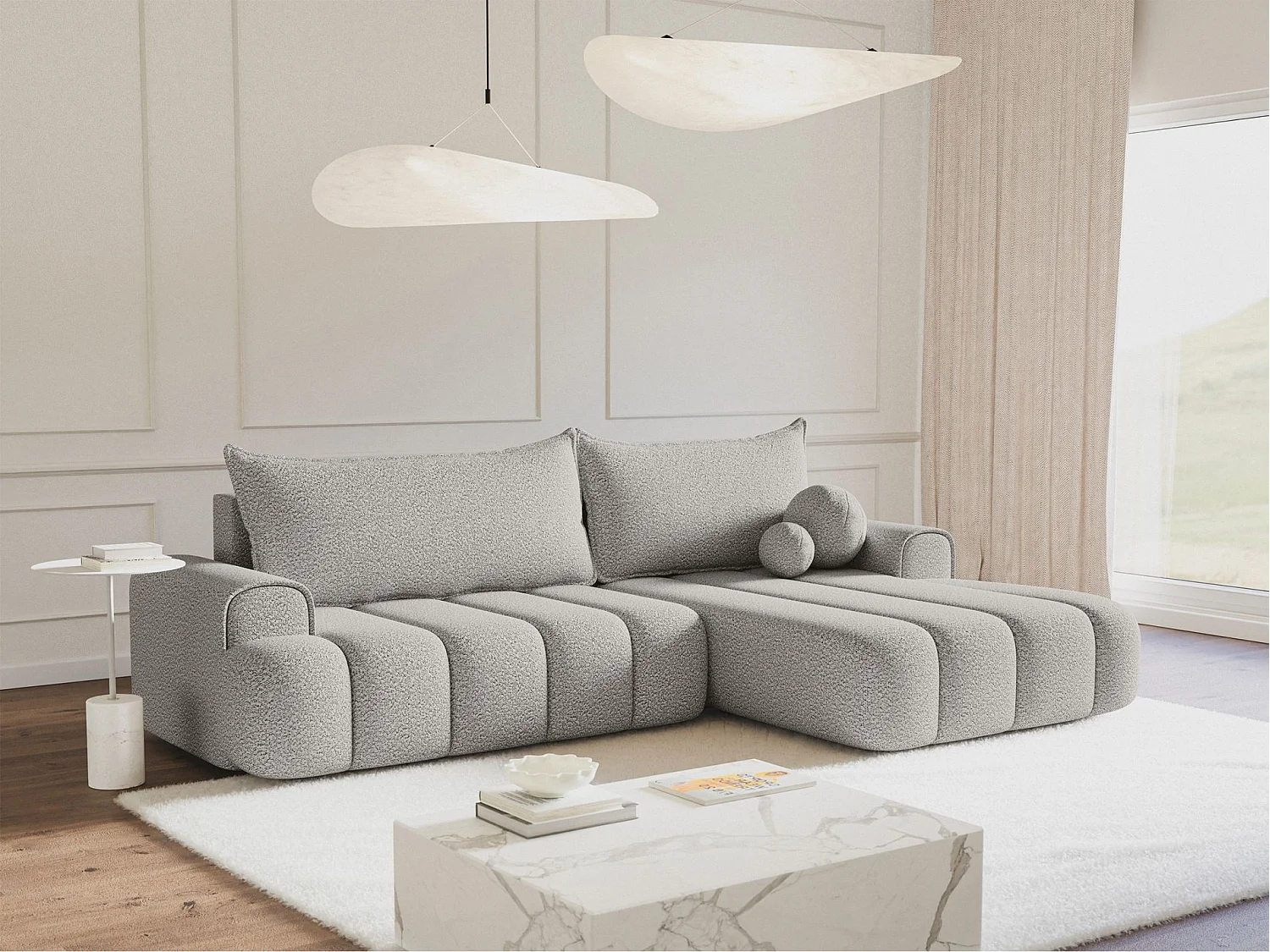 Canapé d'angle convertible - en bouclé gris clair avec revêtement - côté droit - DANDELINO