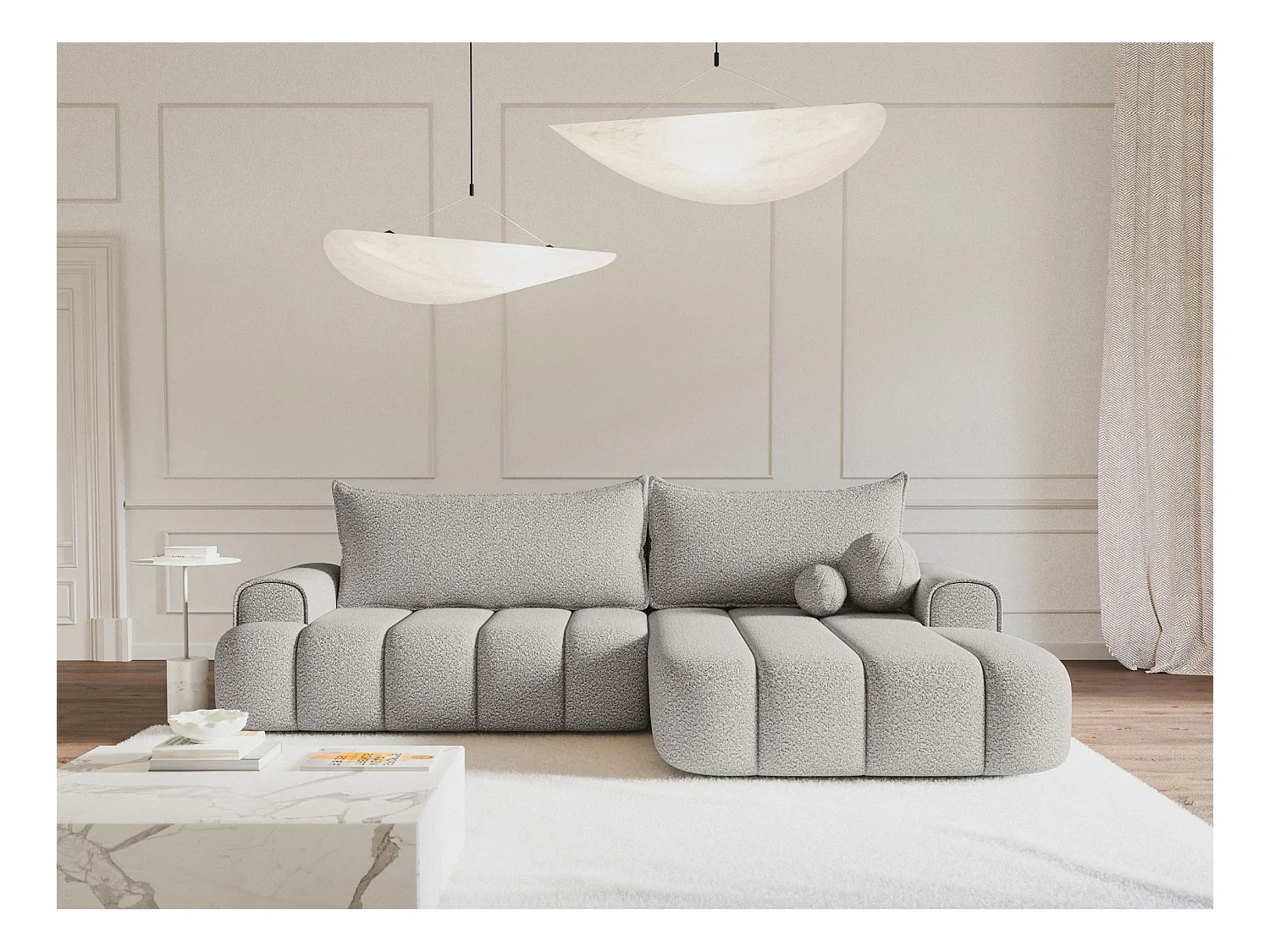 Canapé d'angle convertible - en bouclé gris clair avec revêtement - côté droit - DANDELINO