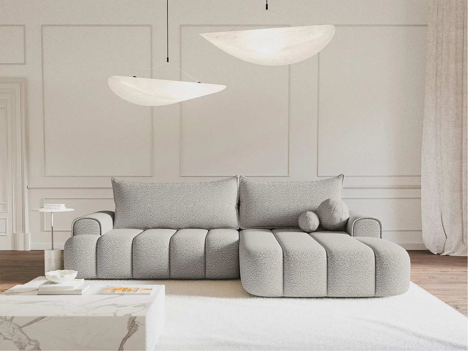 Canapé d'angle convertible - en bouclé gris clair avec revêtement - côté droit - DANDELINO