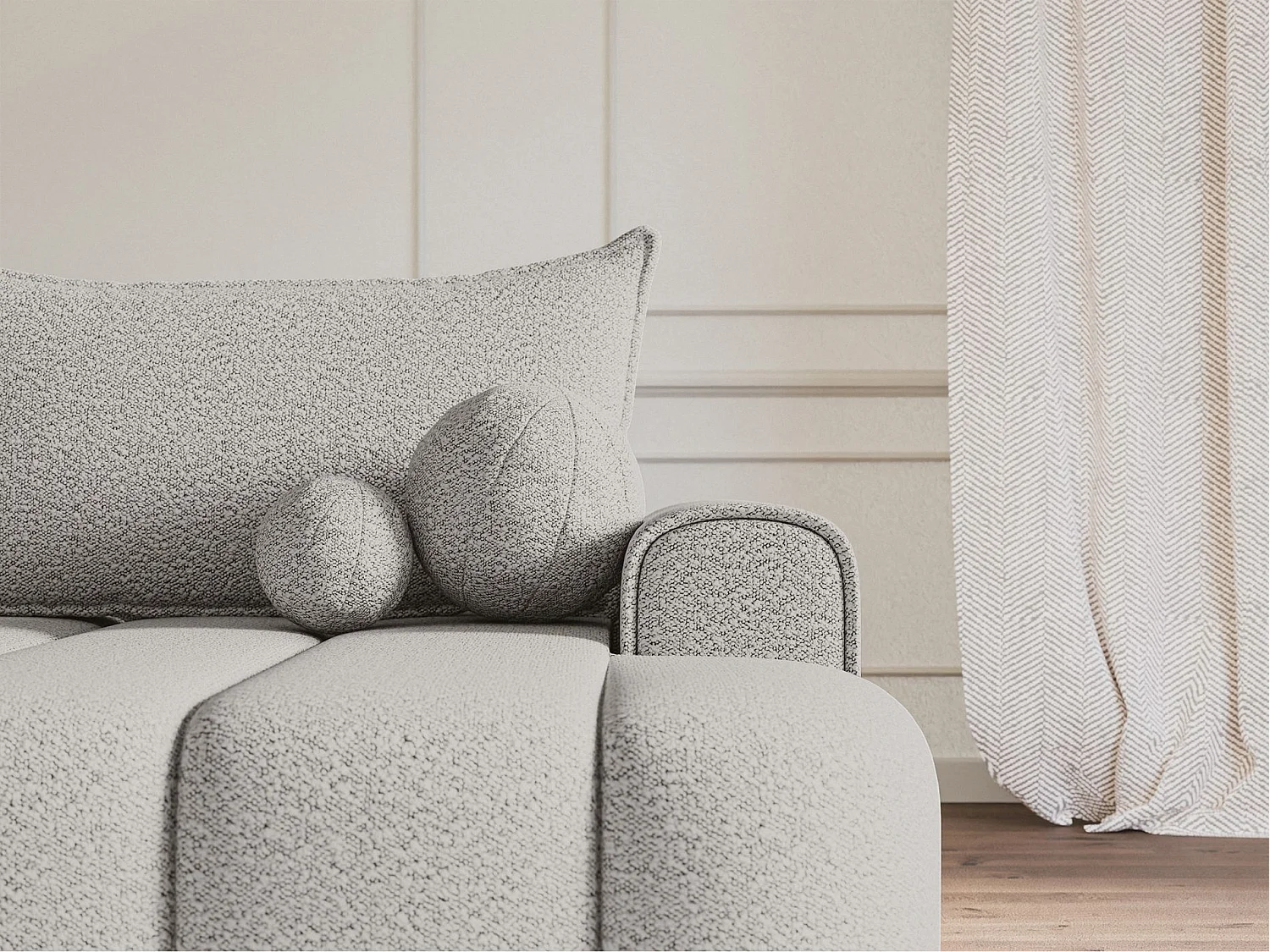 Canapé d'angle convertible - en bouclé gris clair avec revêtement - côté droit - DANDELINO