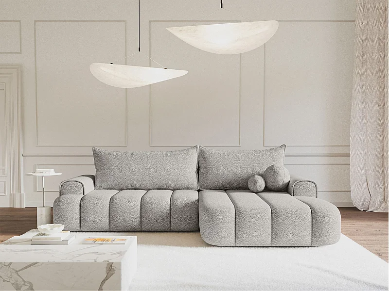 Canapé d'angle convertible - en bouclé gris clair avec revêtement - côté droit - DANDELINO