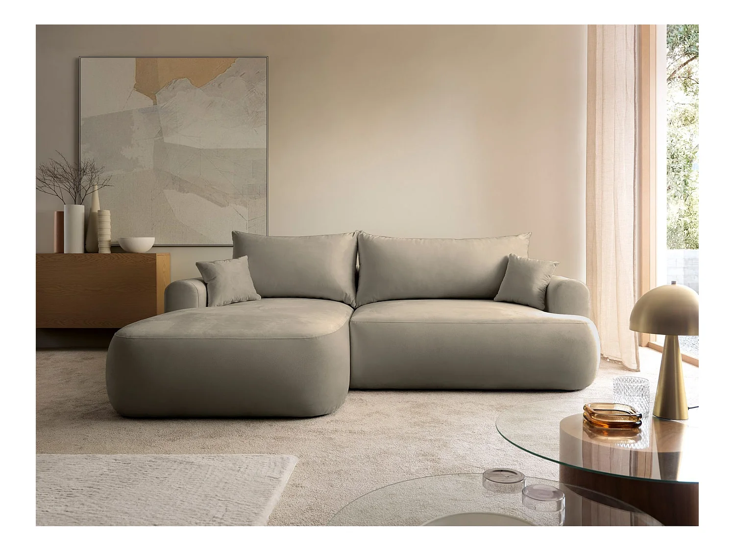 Canapé d'angle réversible - en velours gris-beige- côté gauche - OVO L