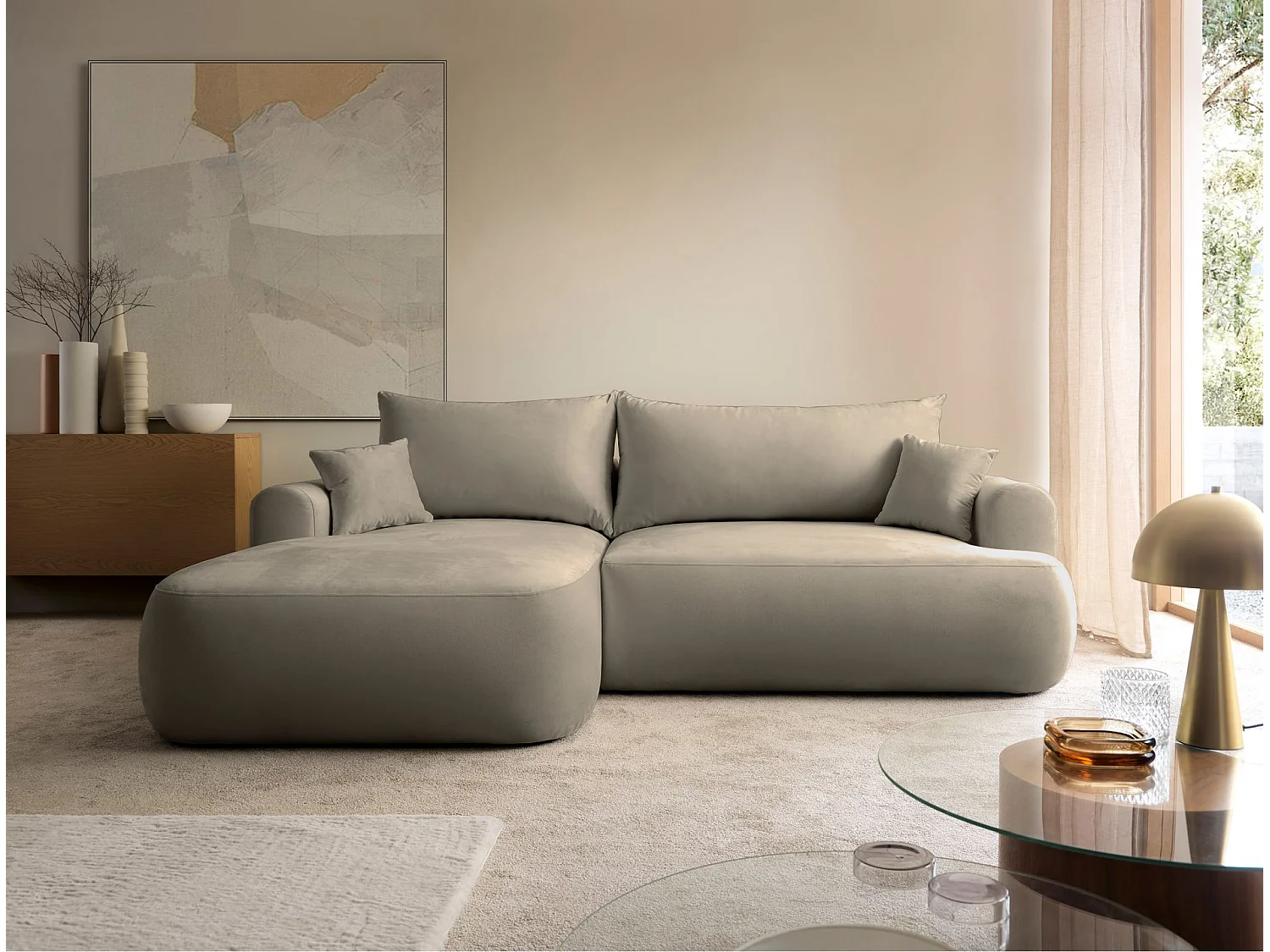 Ecksofa mit Schlaffunktion, Stauraum und Samtbezug - grau-beige - links - OVO