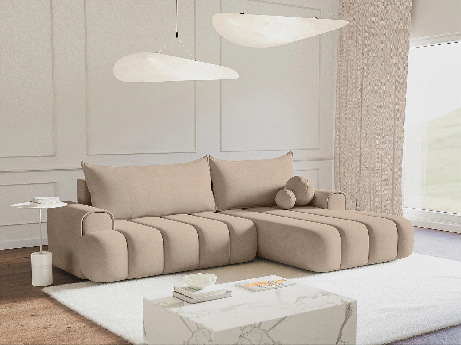 Canapé d'angle convertible - en velours beige avec revêtement - côté droit - DANDELINO