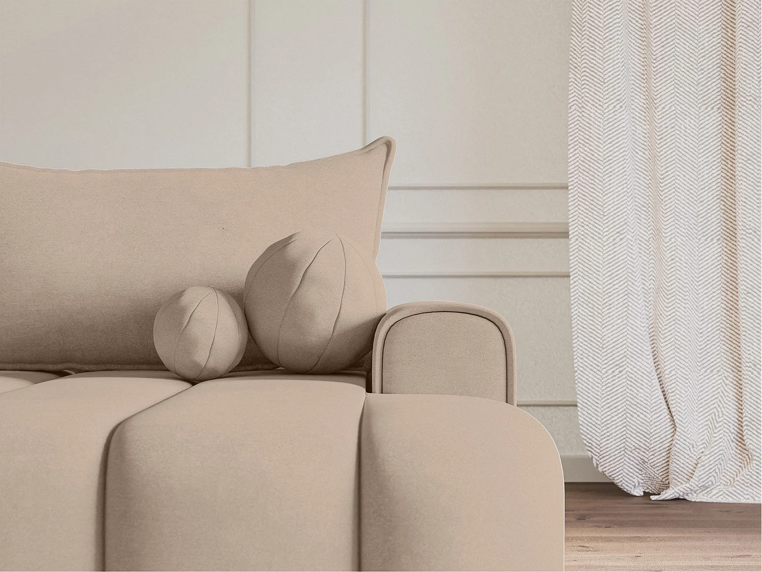 Canapé d'angle convertible - en velours beige avec revêtement - côté droit - DANDELINO