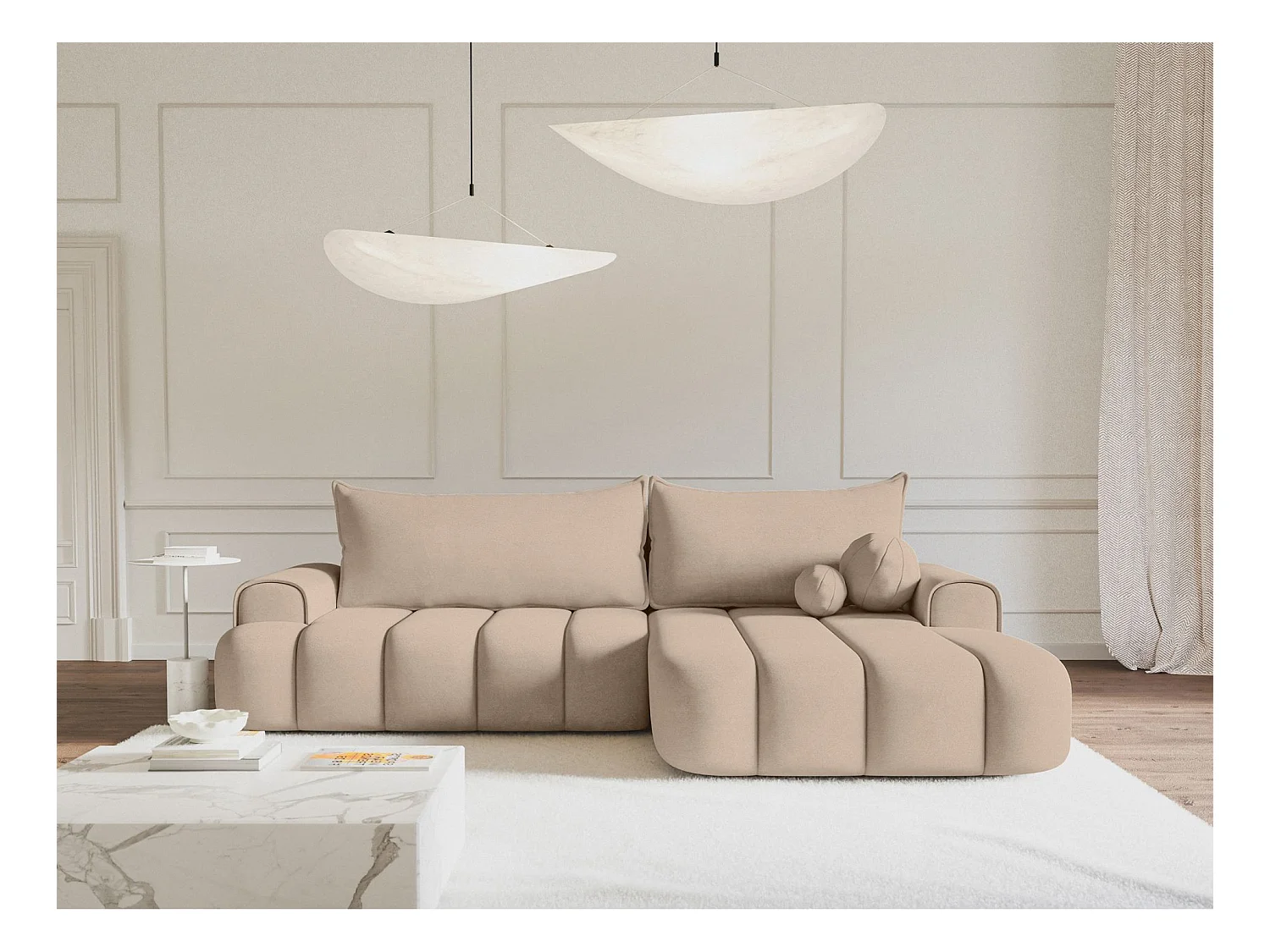 Canapé d'angle convertible - en velours beige avec revêtement - côté droit - DANDELINO