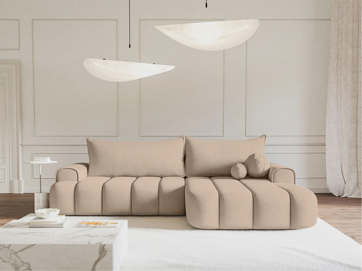 Canapé d'angle convertible - en velours beige avec revêtement - côté droit - DANDELINO