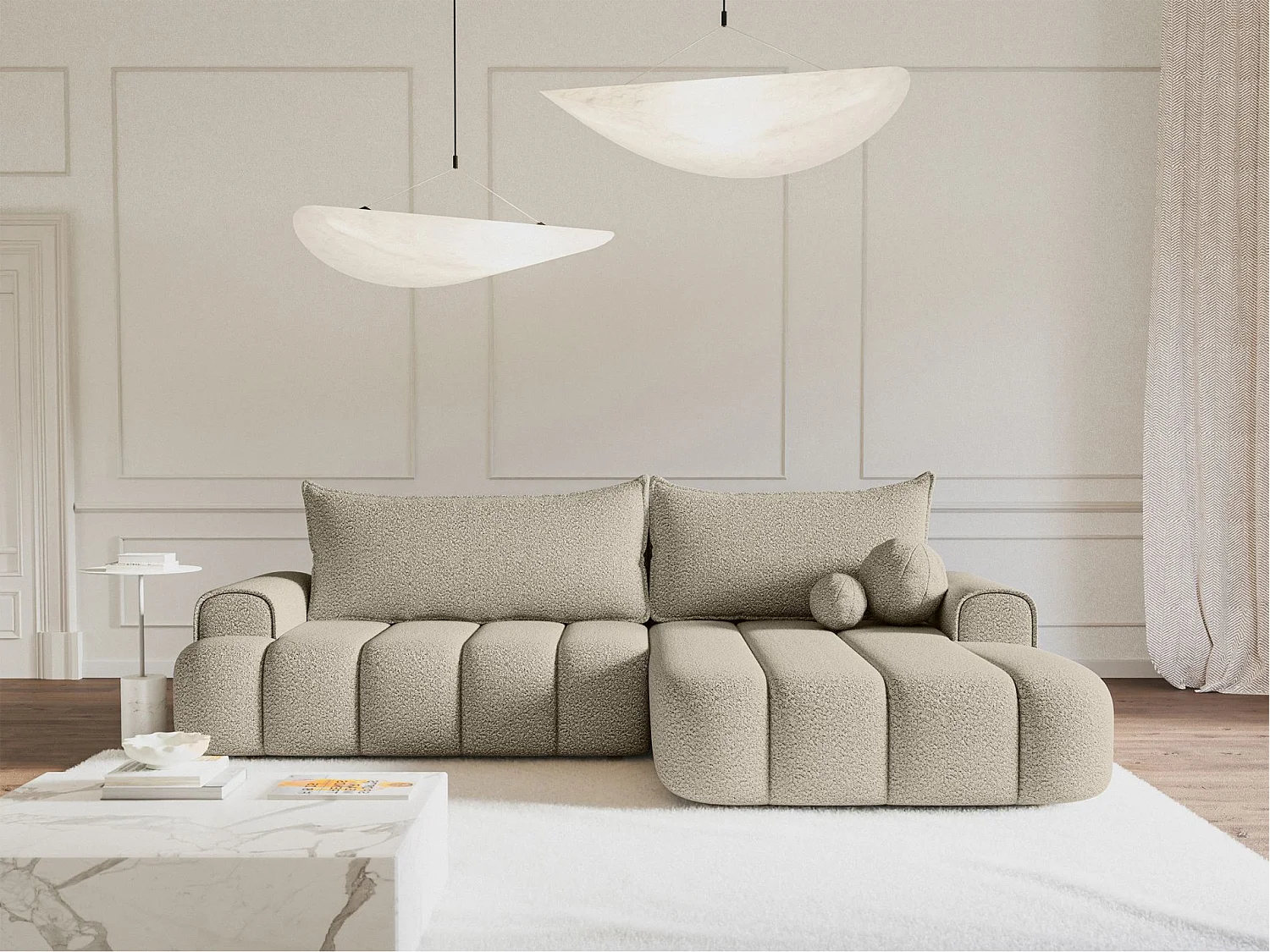 Canapé d'angle convertible - en bouclé beige clair avec revêtement - côté droit - DANDELINO