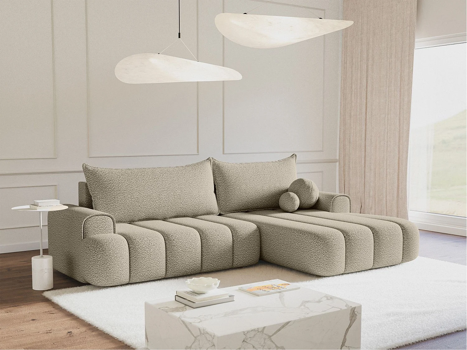 Canapé d'angle convertible - en bouclé beige clair avec revêtement - côté droit - DANDELINO