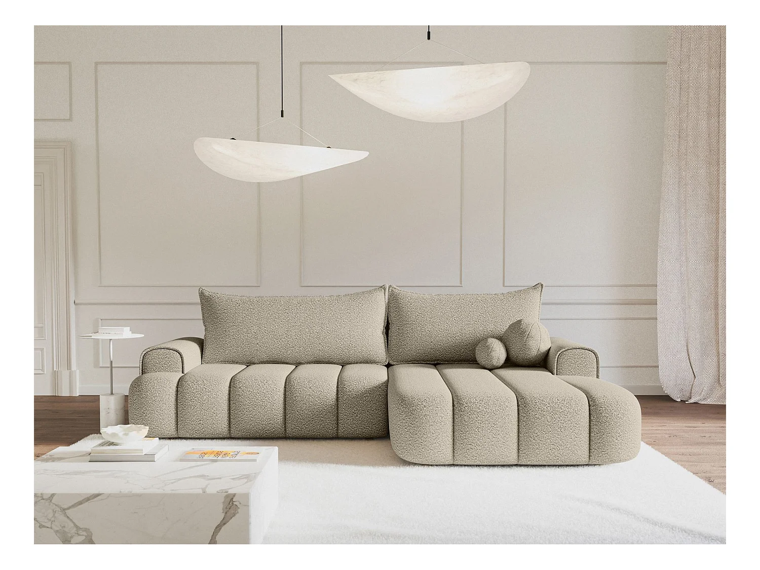 Canapé d'angle convertible - en bouclé beige clair avec revêtement - côté droit - DANDELINO