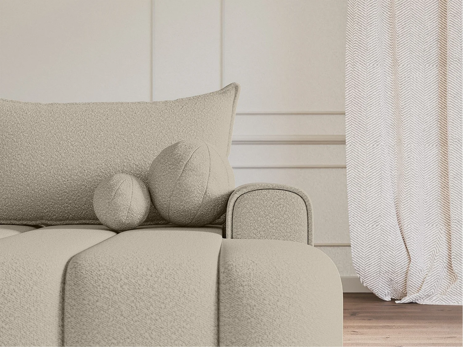 Canapé d'angle convertible - en bouclé beige clair avec revêtement - côté droit - DANDELINO