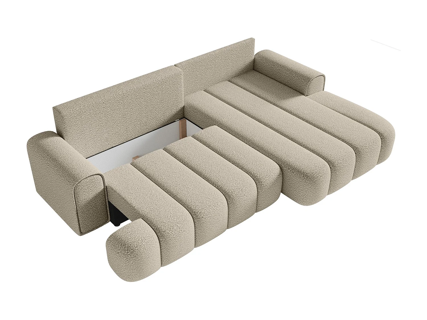 Ecksofa mit Schlaffunktion, Stauraum und Bouclé-Bezug - hellbeige - rechts - DANDELINO