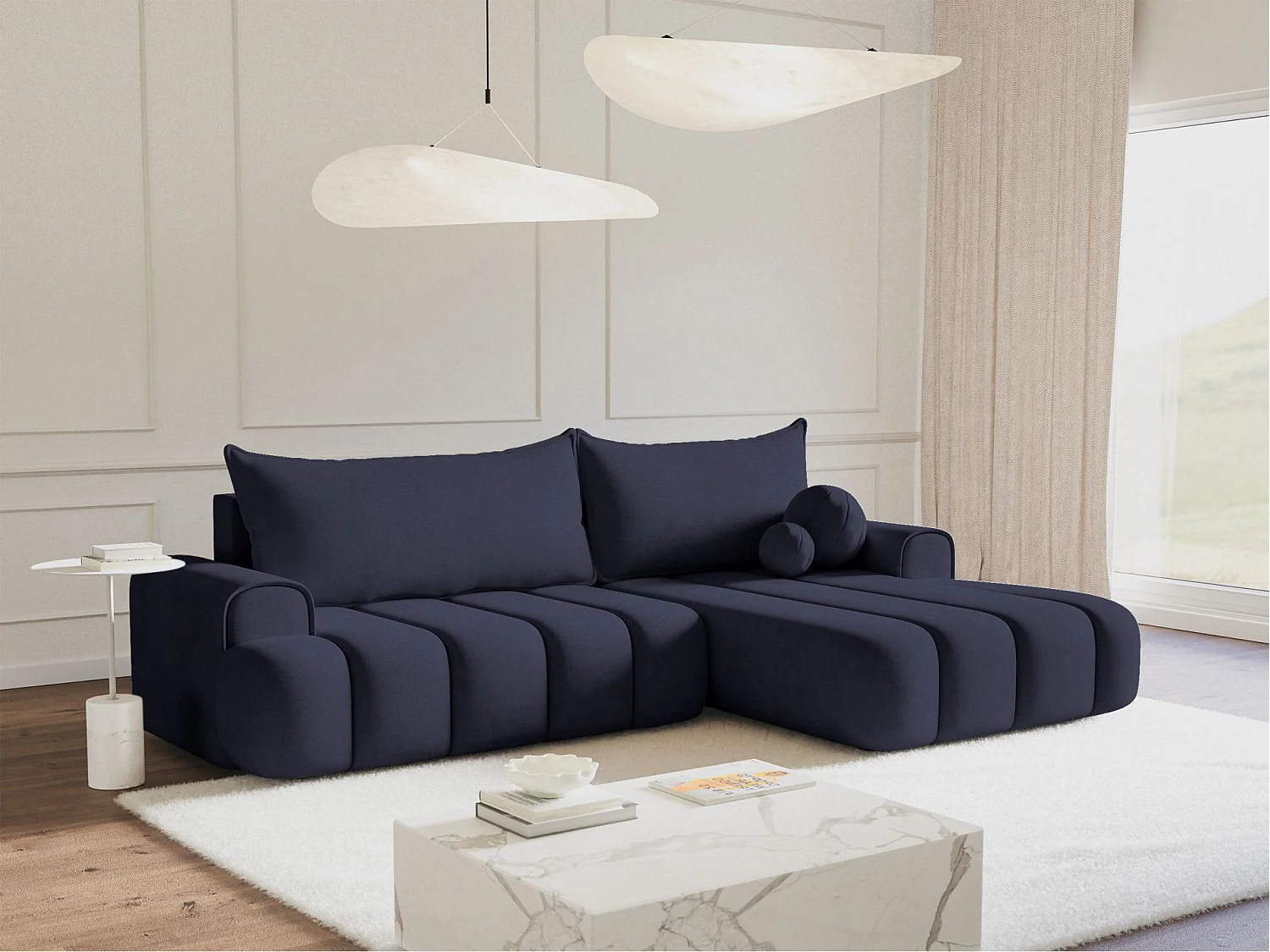 Canapé d'angle convertible - en velours marine avec revêtement - côté droit - DANDELINO