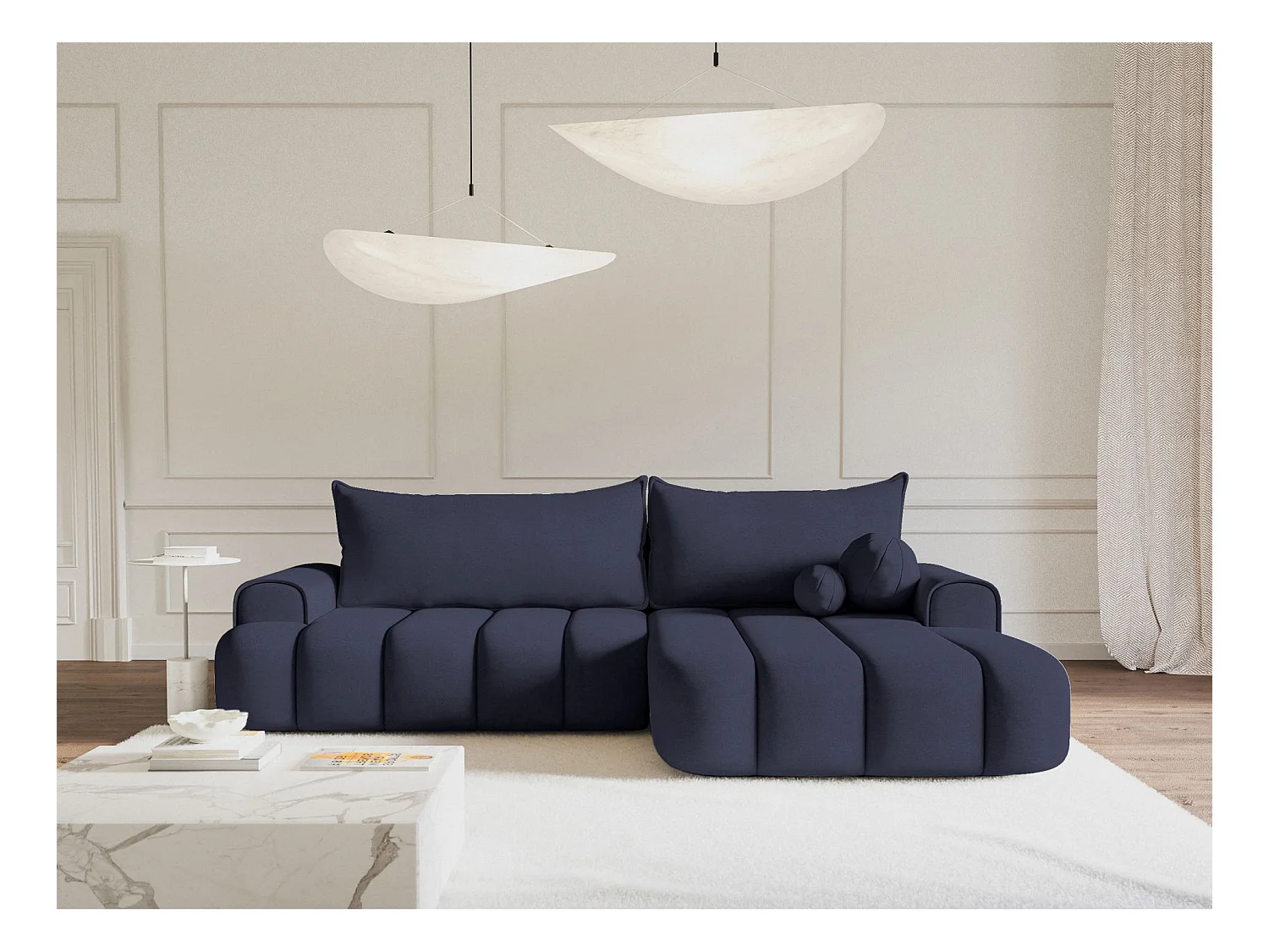 Canapé d'angle convertible - en velours marine avec revêtement - côté droit - DANDELINO