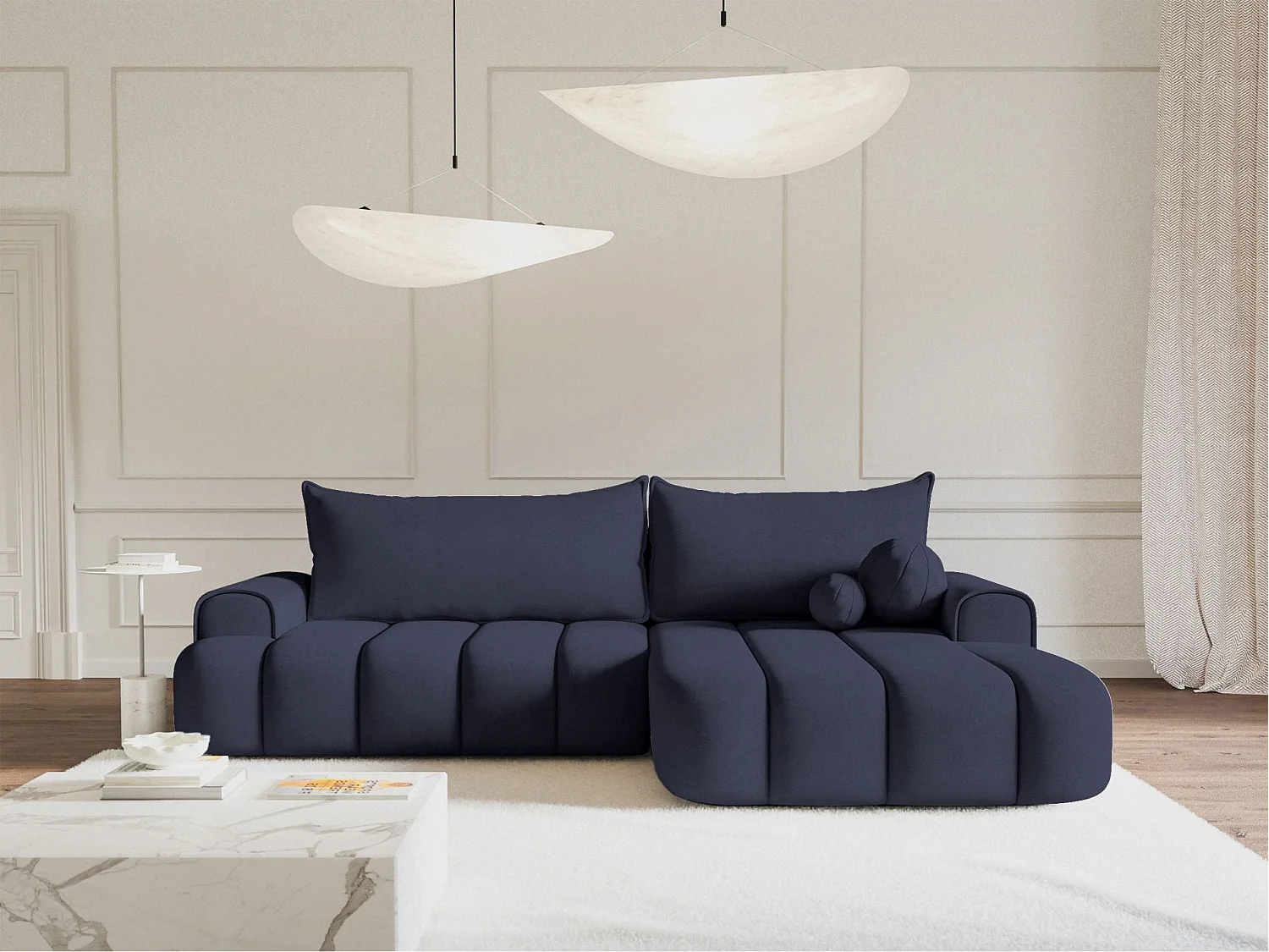Hoekbank - in marineblauw fluweel met stoffering - rechterkant - DANDELINO