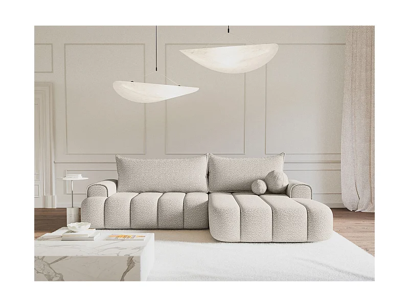 Ecksofa mit Schlaffunktion, Stauraum und Bouclé-Bezug - creme - rechts - DANDELINO