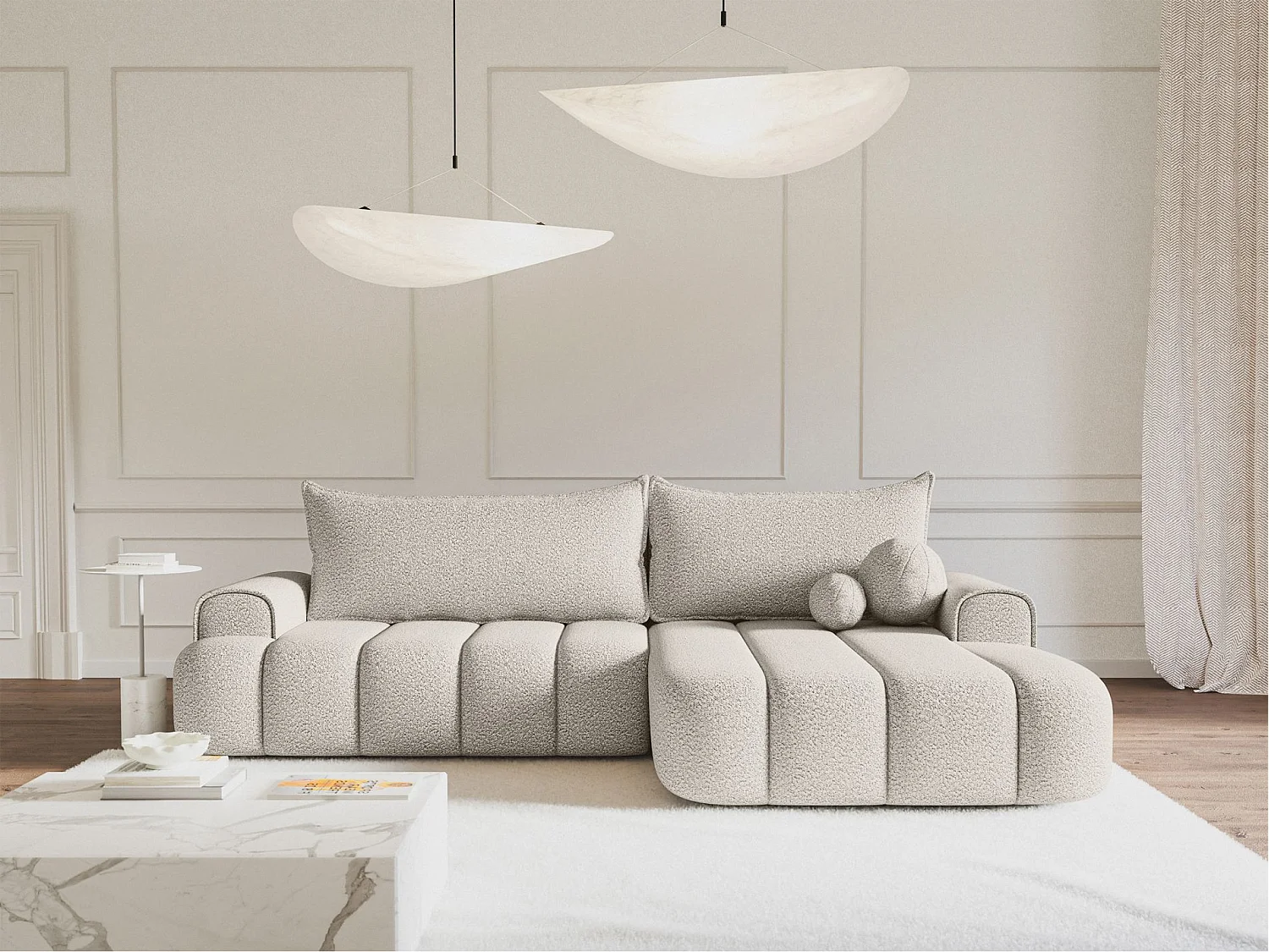 Canapé d'angle convertible - en bouclé crème avec revêtement - côté droit - DANDELINO