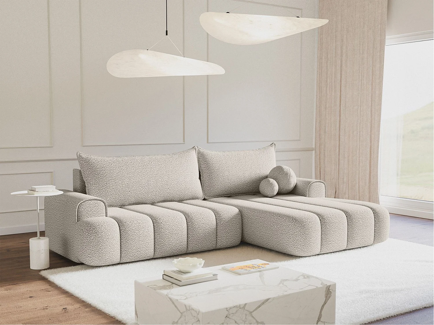 Canapé d'angle convertible - en bouclé crème avec revêtement - côté droit - DANDELINO