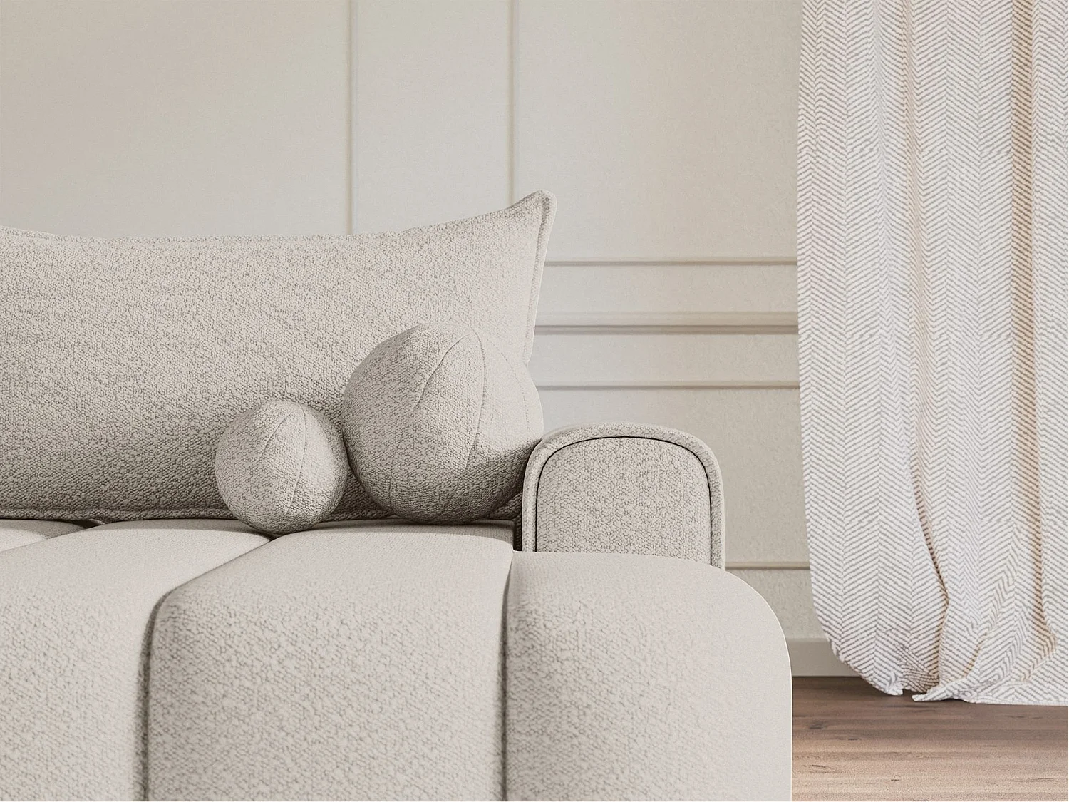 Canapé d'angle convertible - en bouclé crème avec revêtement - côté droit - DANDELINO