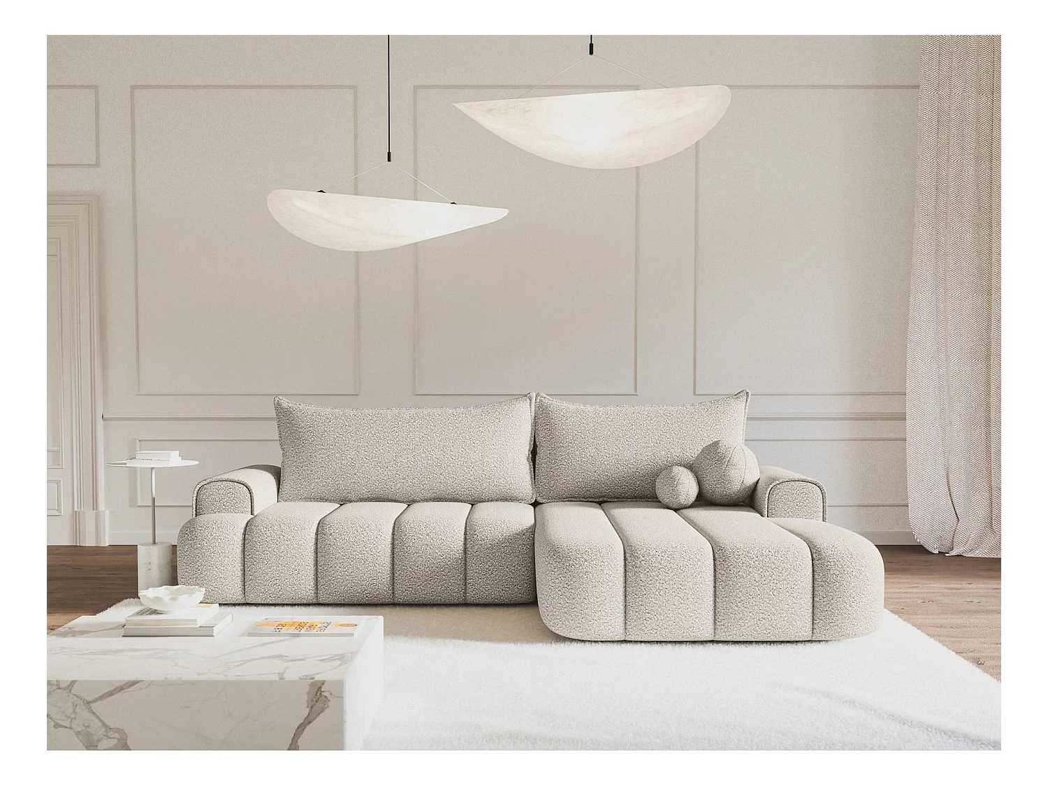 Canapé d'angle convertible - en bouclé crème avec revêtement - côté droit - DANDELINO