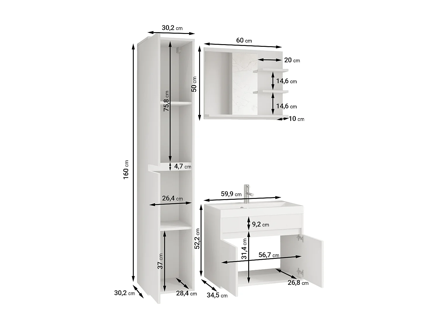 Ensemble de salle de bain - avec meuble sous-vasque Wotan / Blanc brillant - LUANI