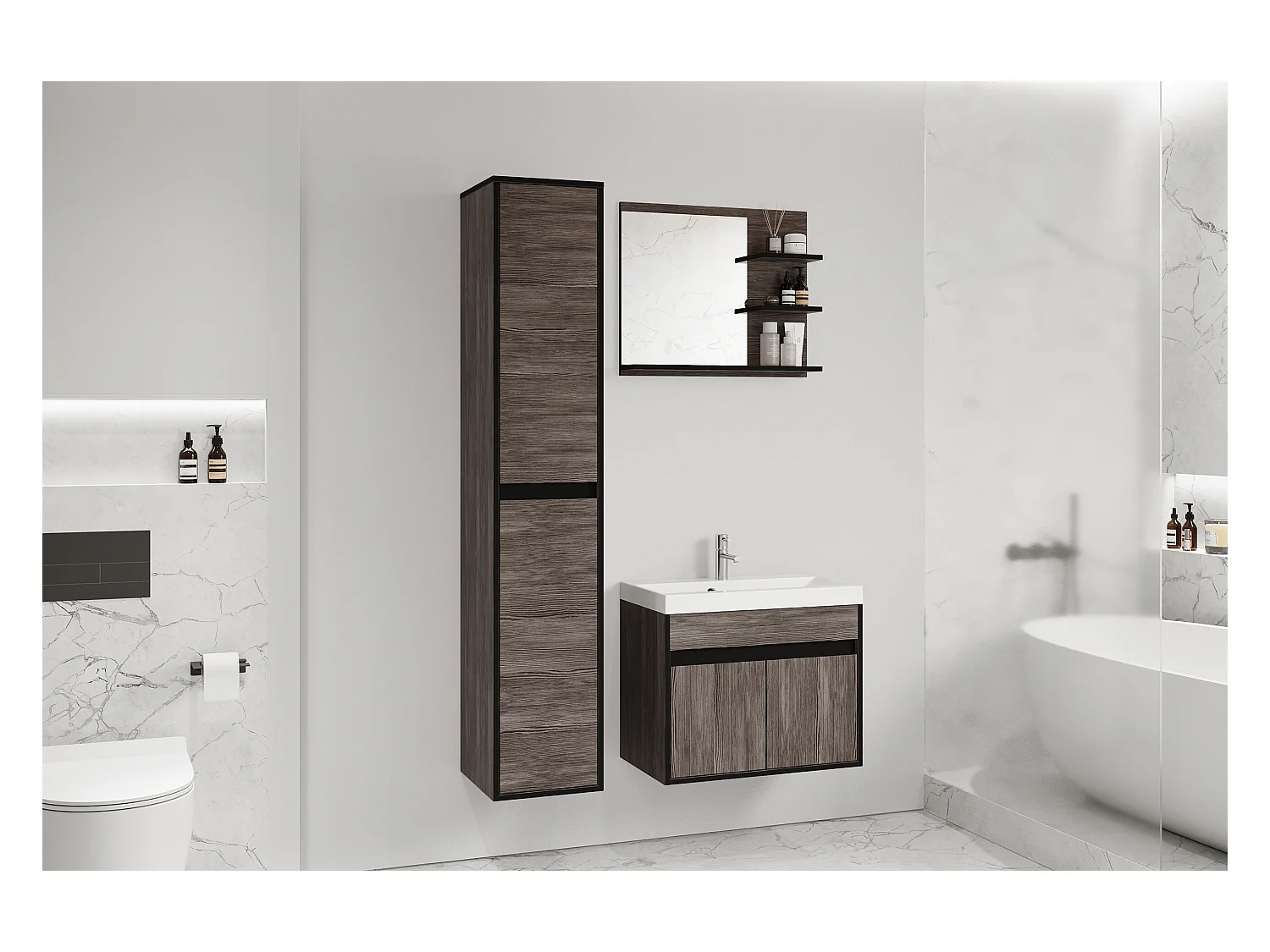 Badezimmermöbel-Set – mit Waschtischunterschrank – Bodega / Schwarz Graphit – LUANI