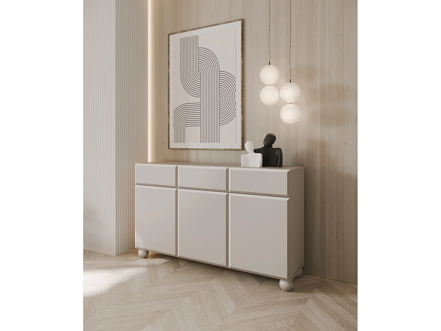 Sideboard 3-türig - auf Kugelfüßen mit drei Schubladen - Beige - 150 cm - CHOCOLATED