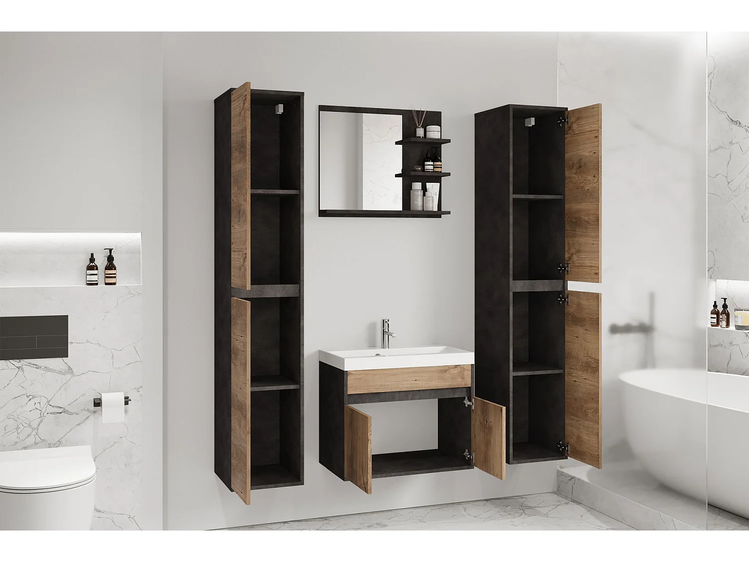 Badezimmermöbel-Set XL – mit Waschtischunterschrank – Matera / Kastanie – LUANI