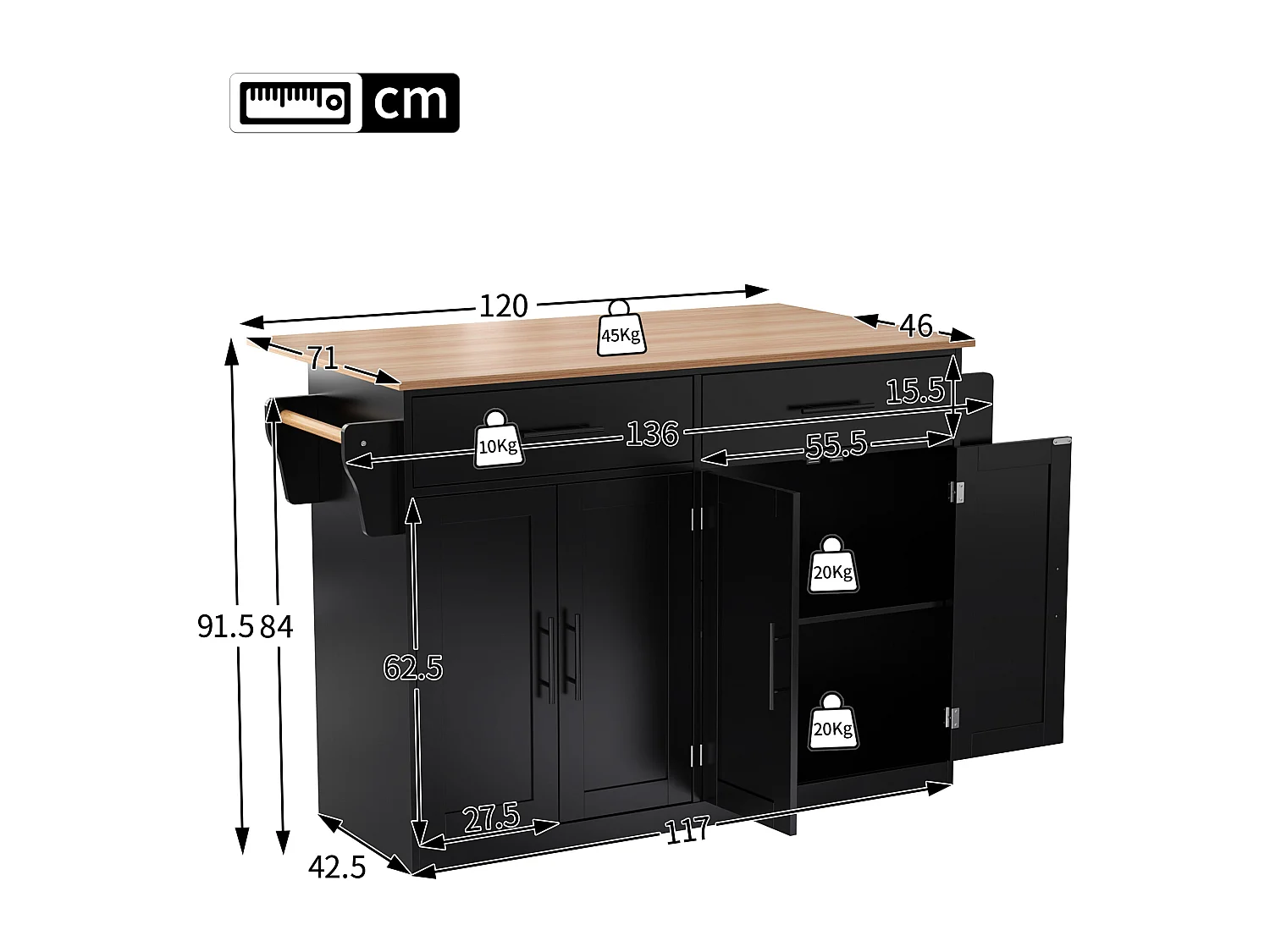 Ilot central de cuisine - 2 tiroirs et 4 compartiments - pieds en roulettes ou en bois - Noir