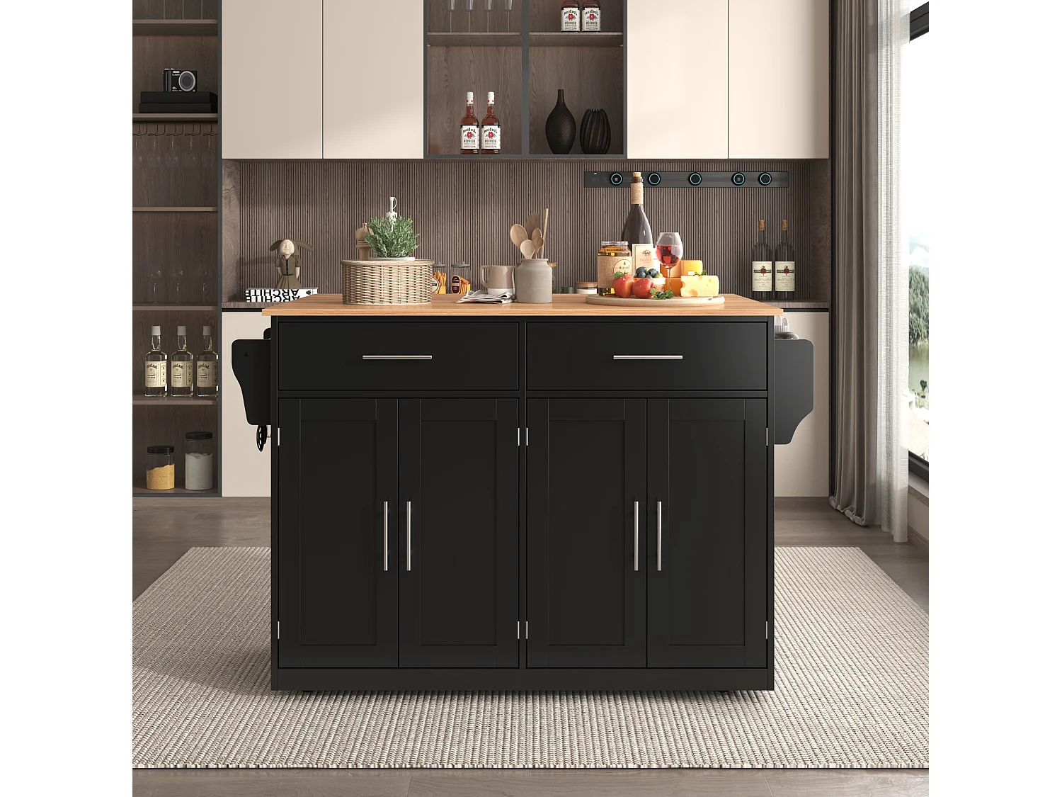 Isla central de cocina - 2 cajones y 4 compartimentos - patas con ruedas o de madera - Negro