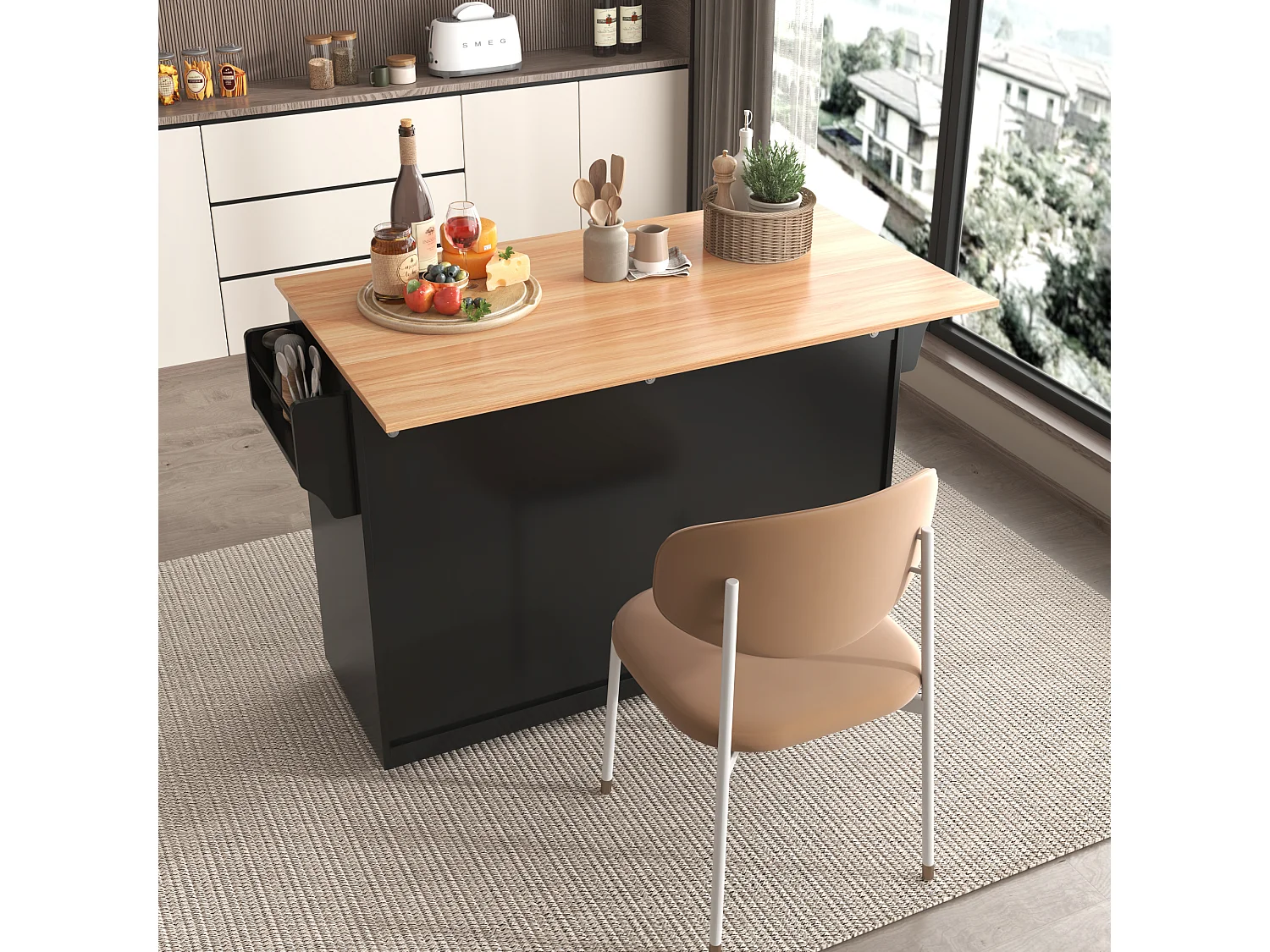 Isla central de cocina - 2 cajones y 4 compartimentos - patas con ruedas o de madera - Negro