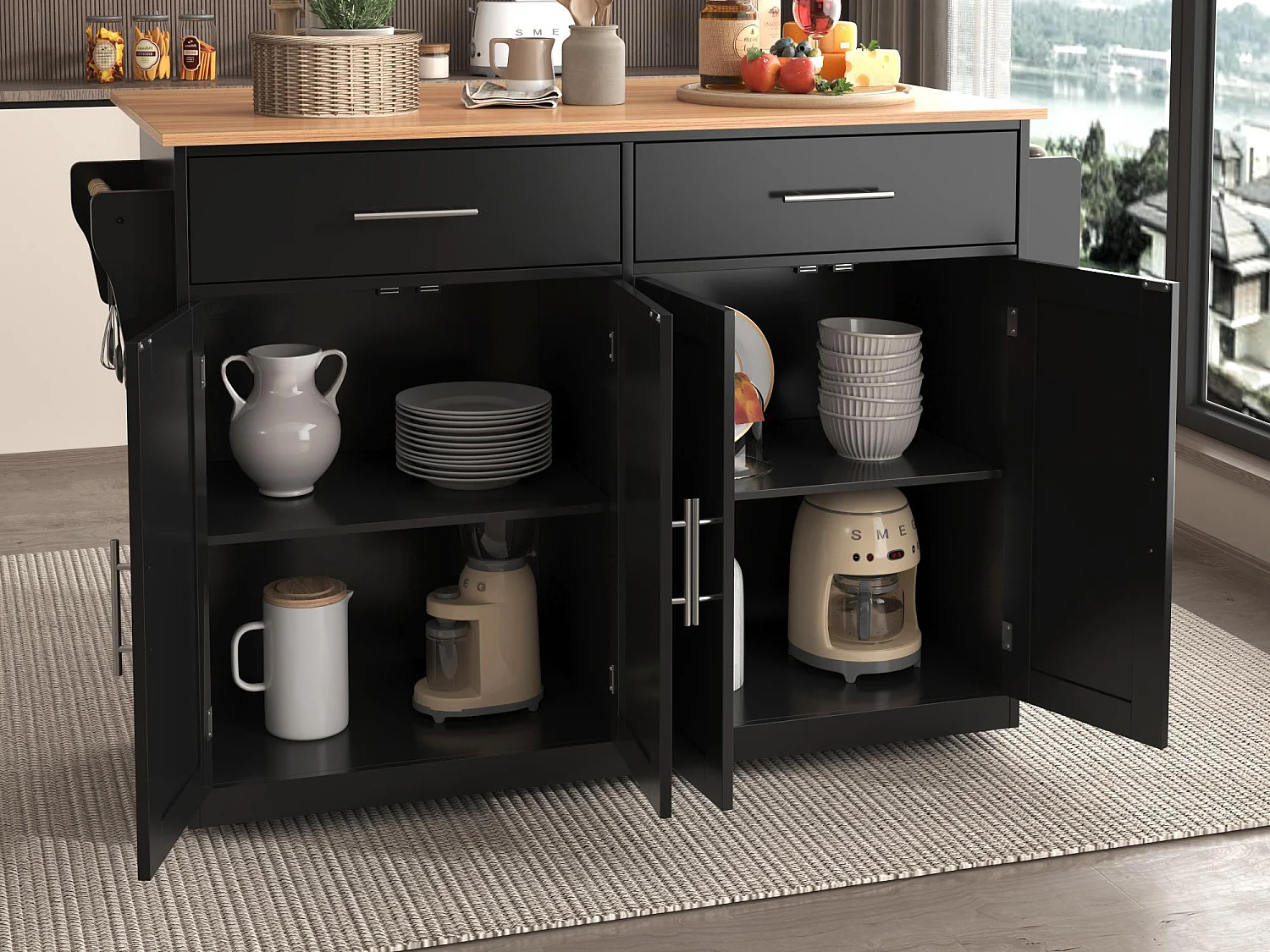 Isla central de cocina - 2 cajones y 4 compartimentos - patas con ruedas o de madera - Negro