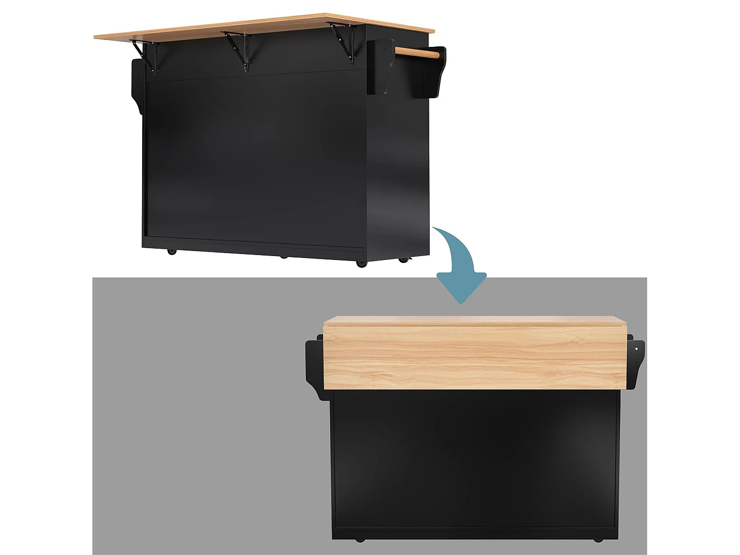 Isla central de cocina - 2 cajones y 4 compartimentos - patas con ruedas o de madera - Negro