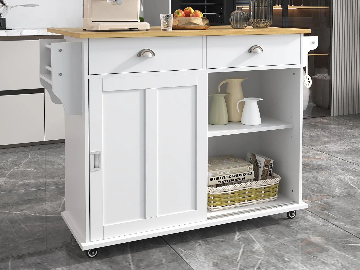 Ilha central de cozinha - 2 gavetas e 2 portas deslizantes - pés com rodas ou de madeira - Branco