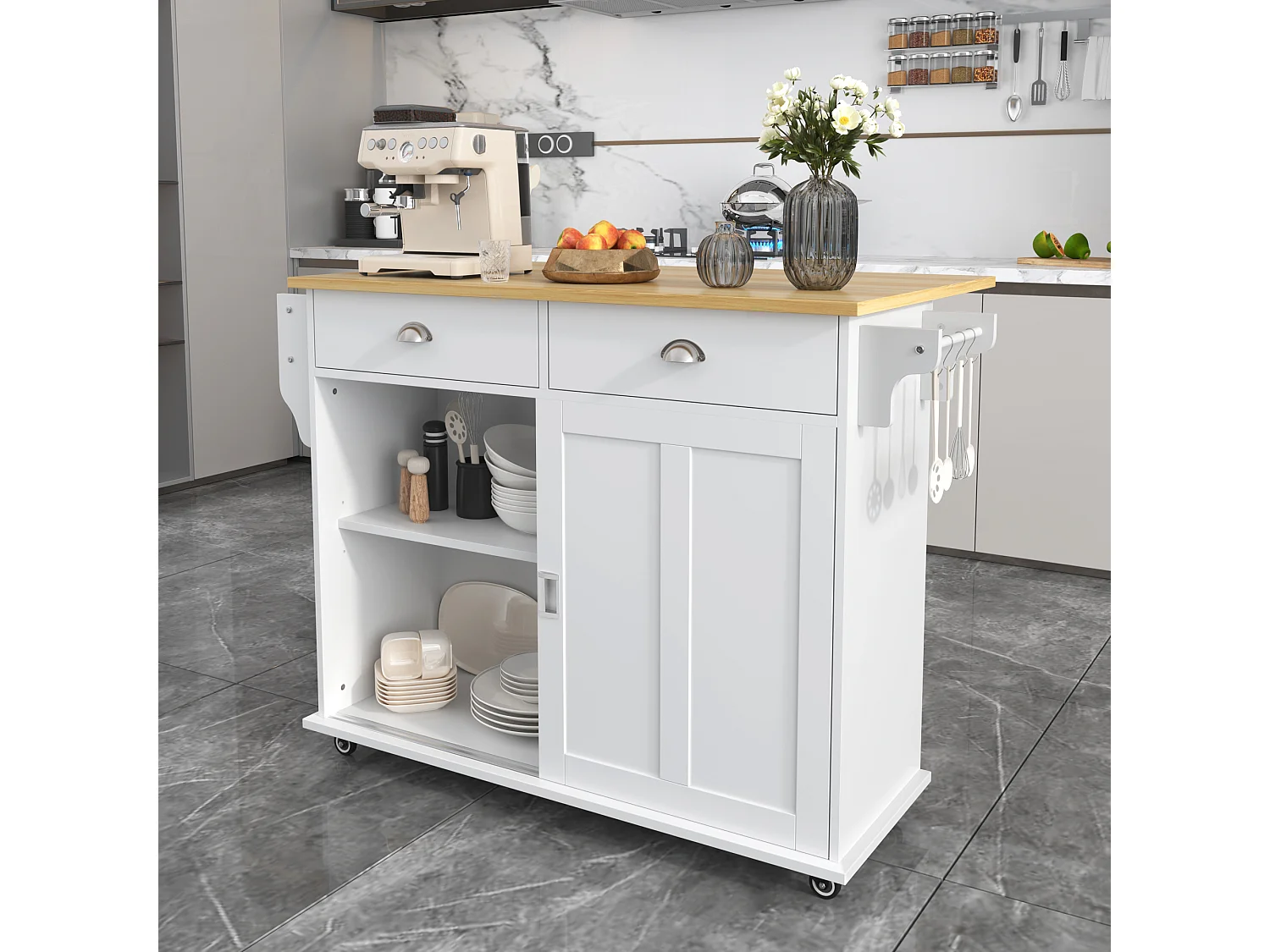 Ilha central de cozinha - 2 gavetas e 2 portas deslizantes - pés com rodas ou de madeira - Branco