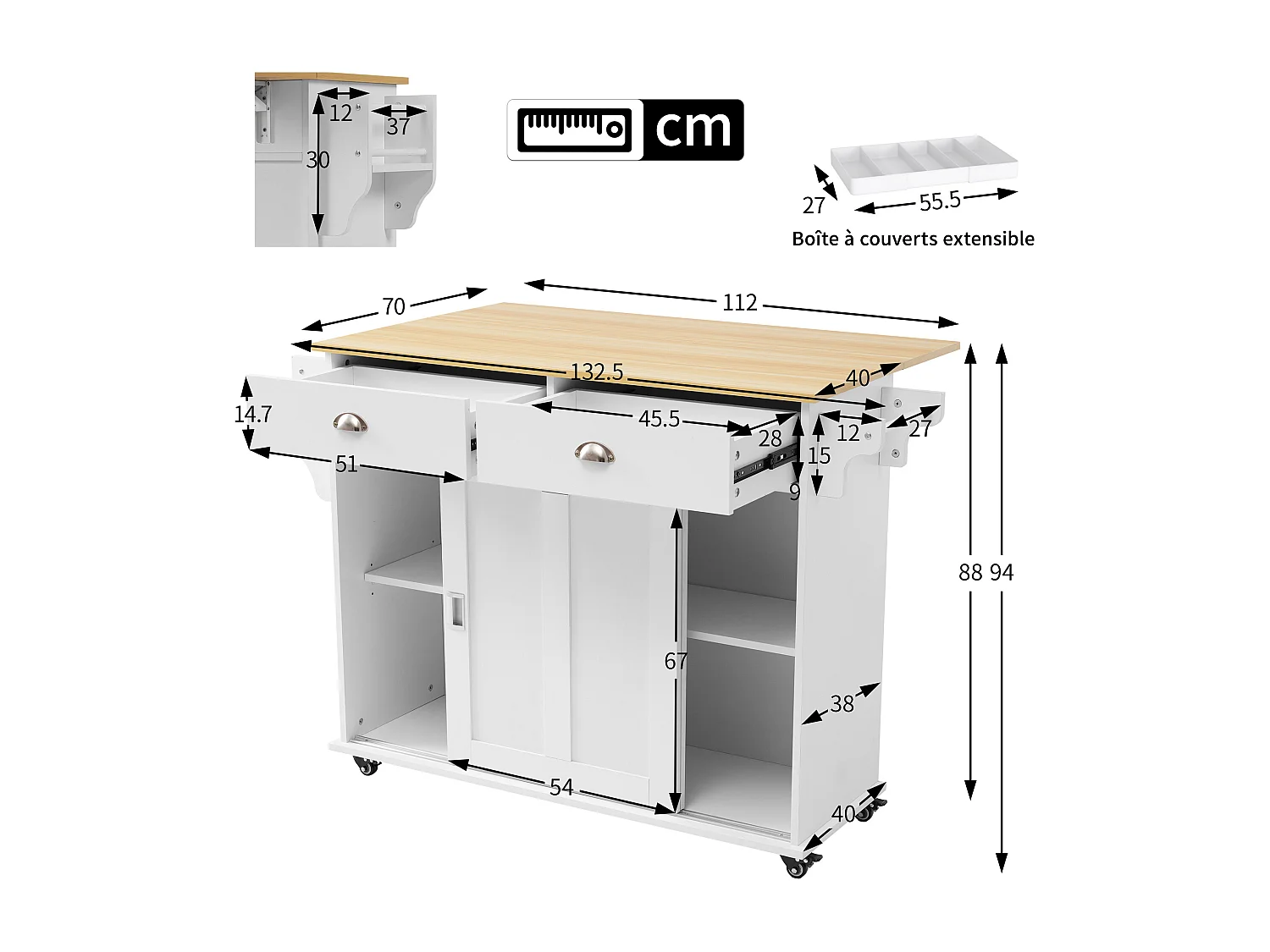 Ilha central de cozinha - 2 gavetas e 2 portas deslizantes - pés com rodas ou de madeira - Branco