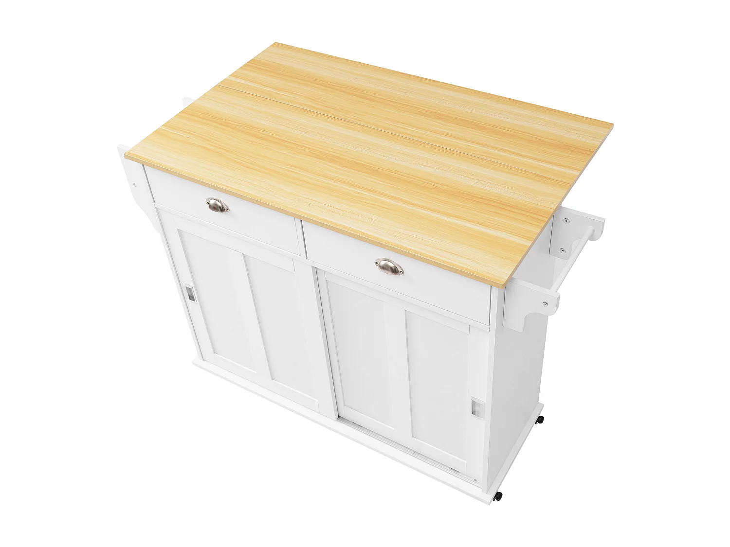 Ilha central de cozinha - 2 gavetas e 2 portas deslizantes - pés com rodas ou de madeira - Branco