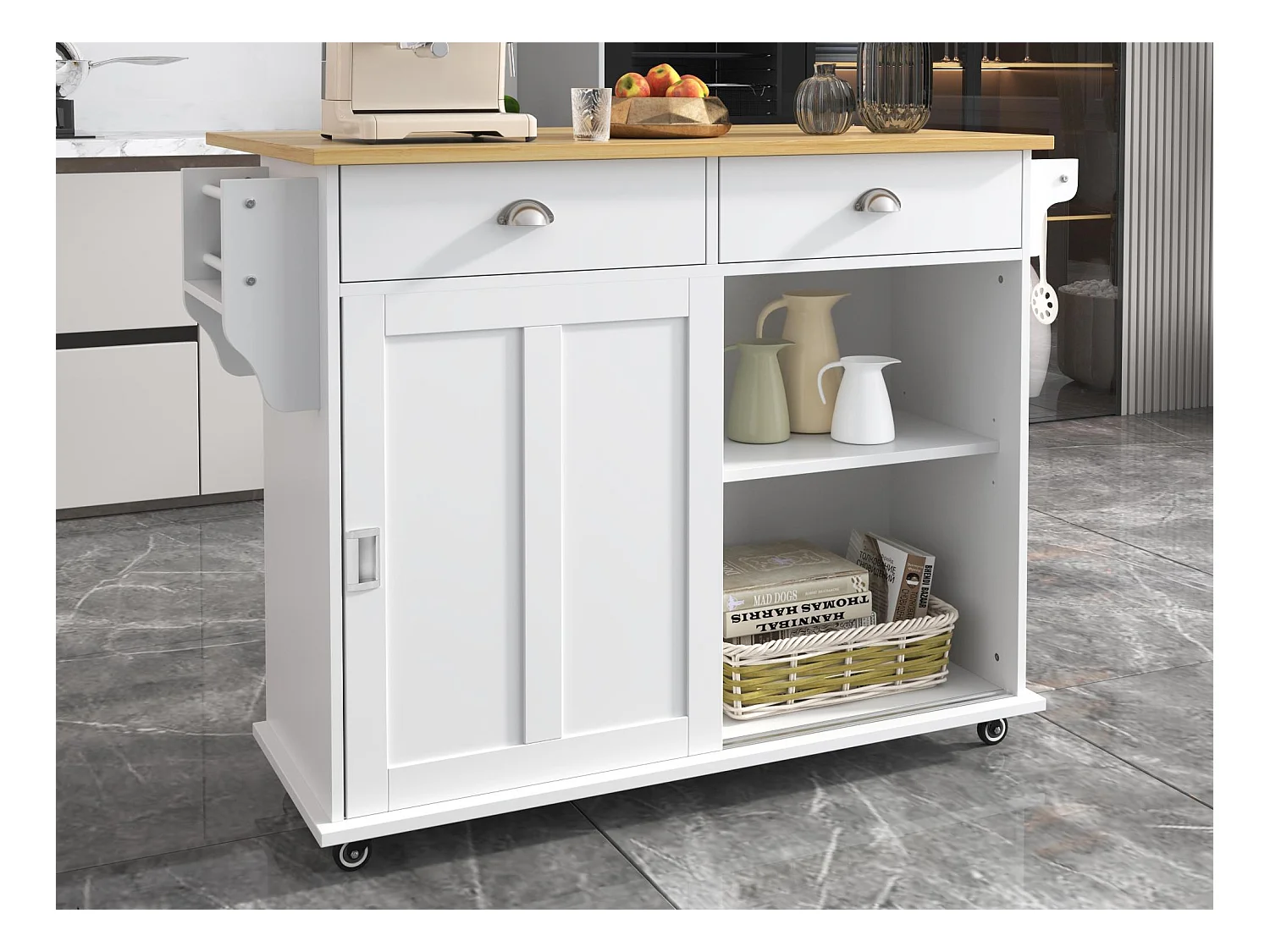 Ilot central de cuisine - 2 tiroirs et 2 portes coulissantes - pieds en roulettes ou en bois - Blanc