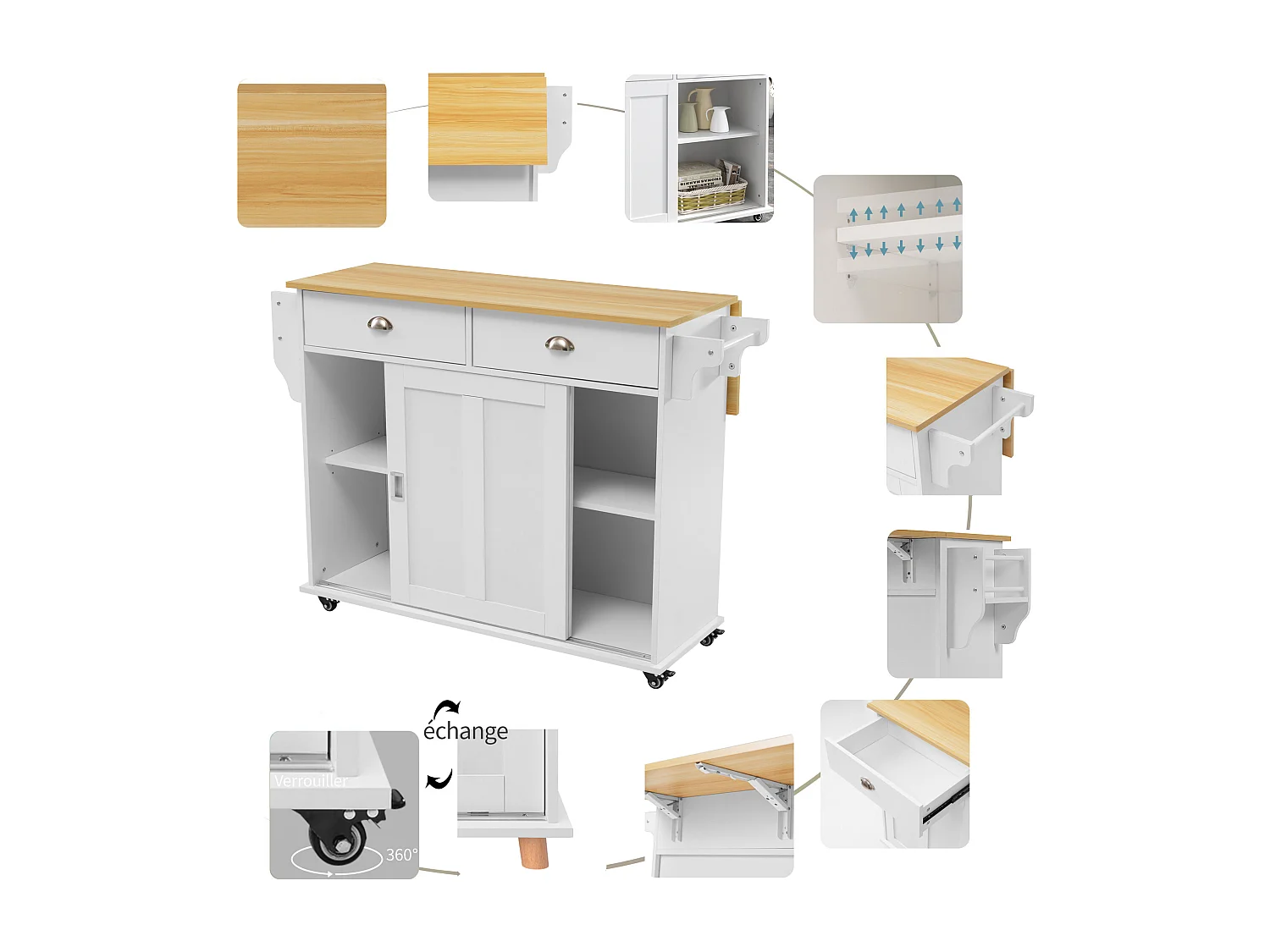 Centrale keukeneiland - 2 lades en 2 schuifdeuren - poten op wielen of van hout - Wit