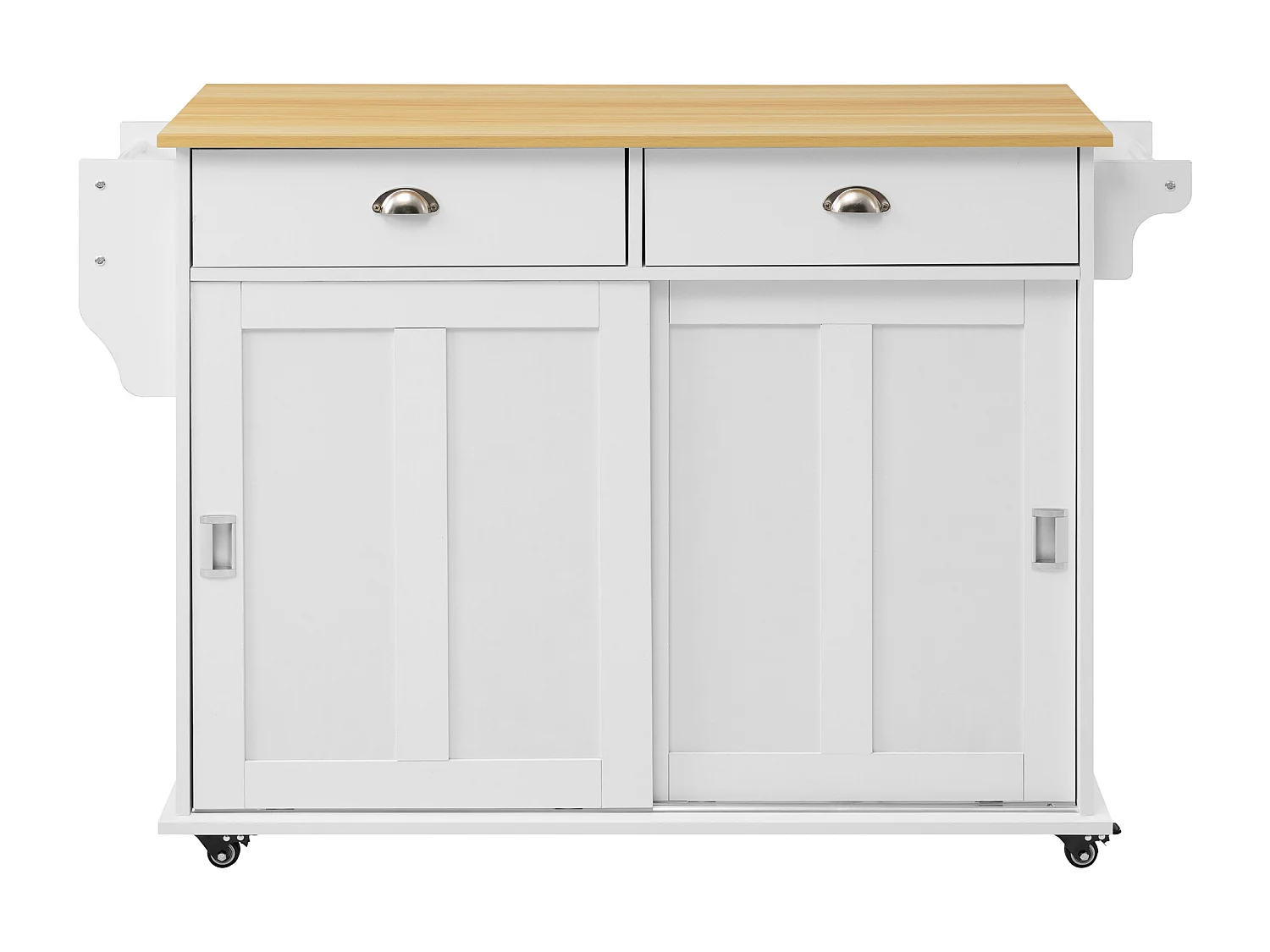 Centrale keukeneiland - 2 lades en 2 schuifdeuren - poten op wielen of van hout - Wit