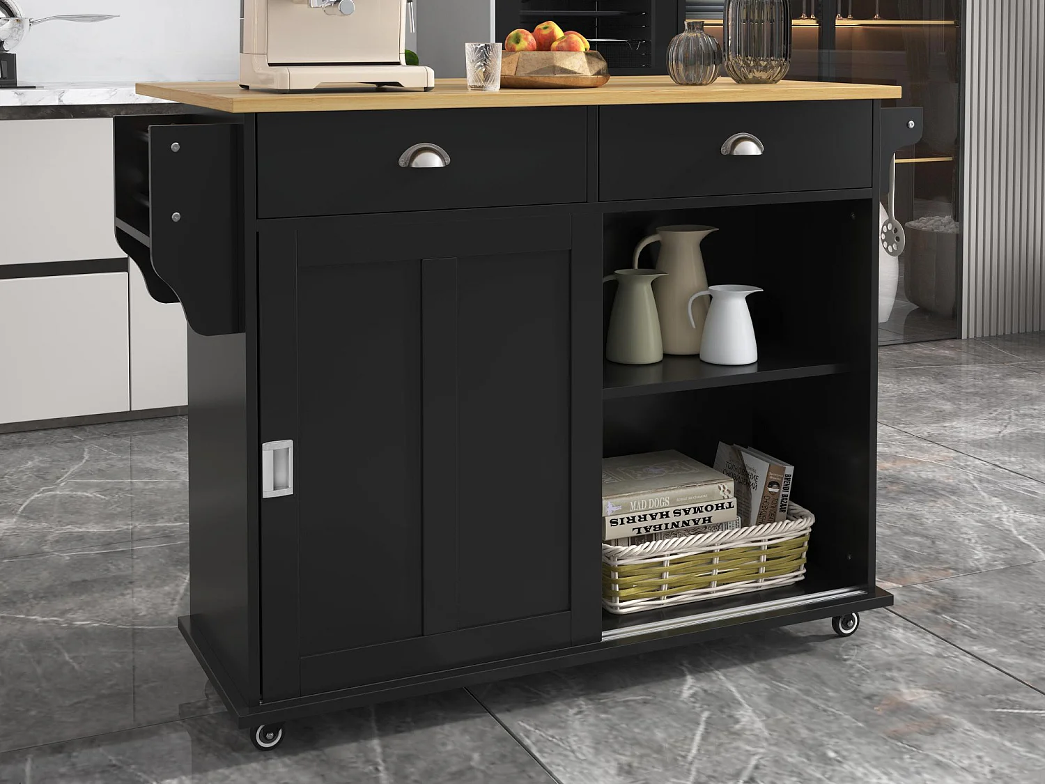 Isla central de cocina - 2 cajones y 2 puertas correderas - patas con ruedas o de madera - Negro