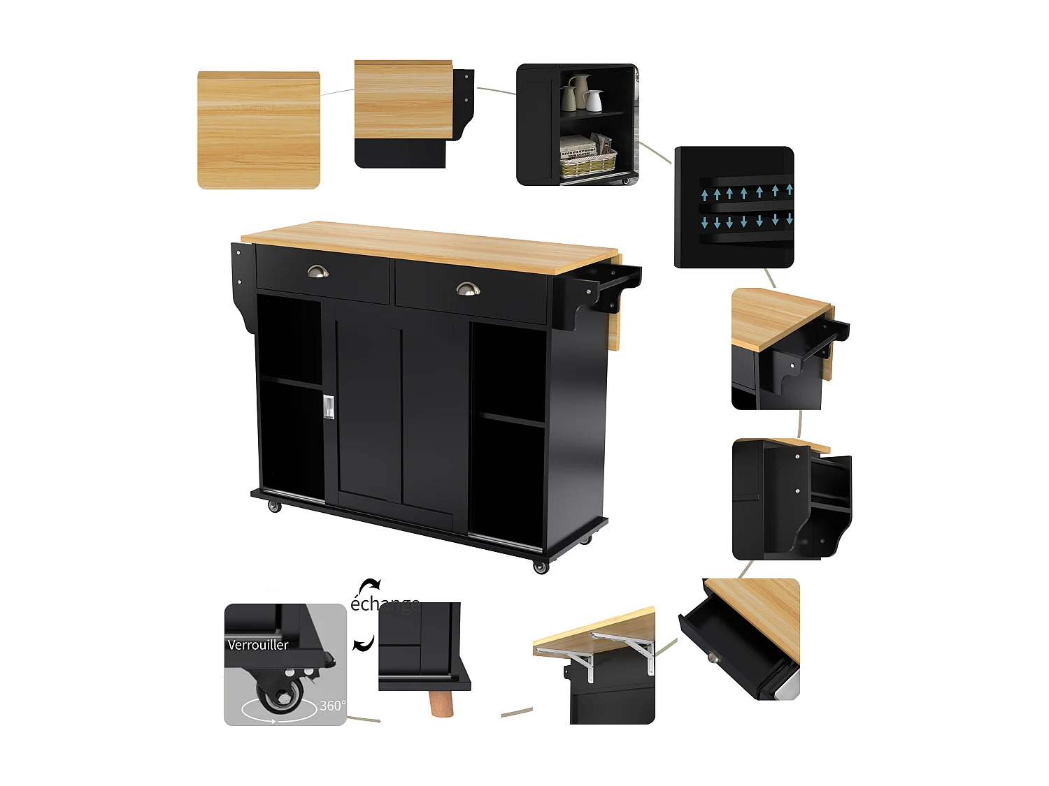 Isla central de cocina - 2 cajones y 2 puertas correderas - patas con ruedas o de madera - Negro