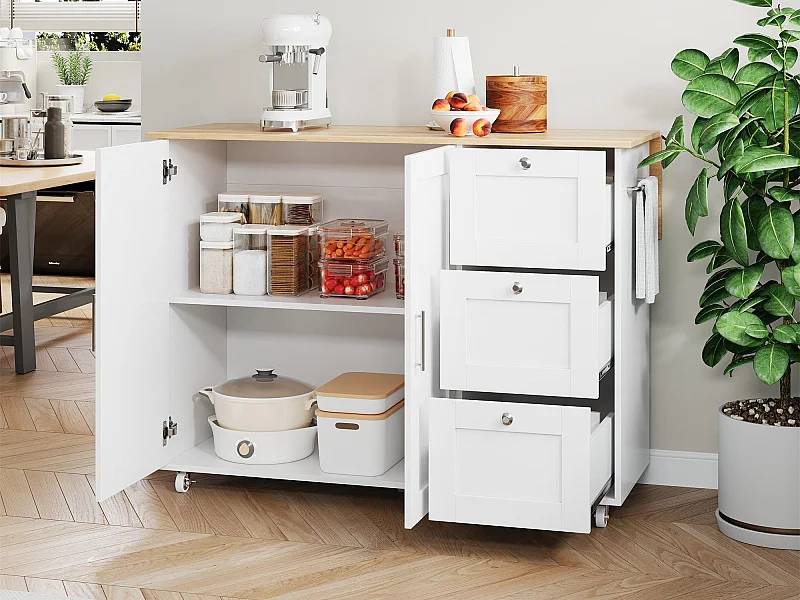 Centrale keukeneiland - met vouwblad - 3 lades en verstelbare planken - Wit