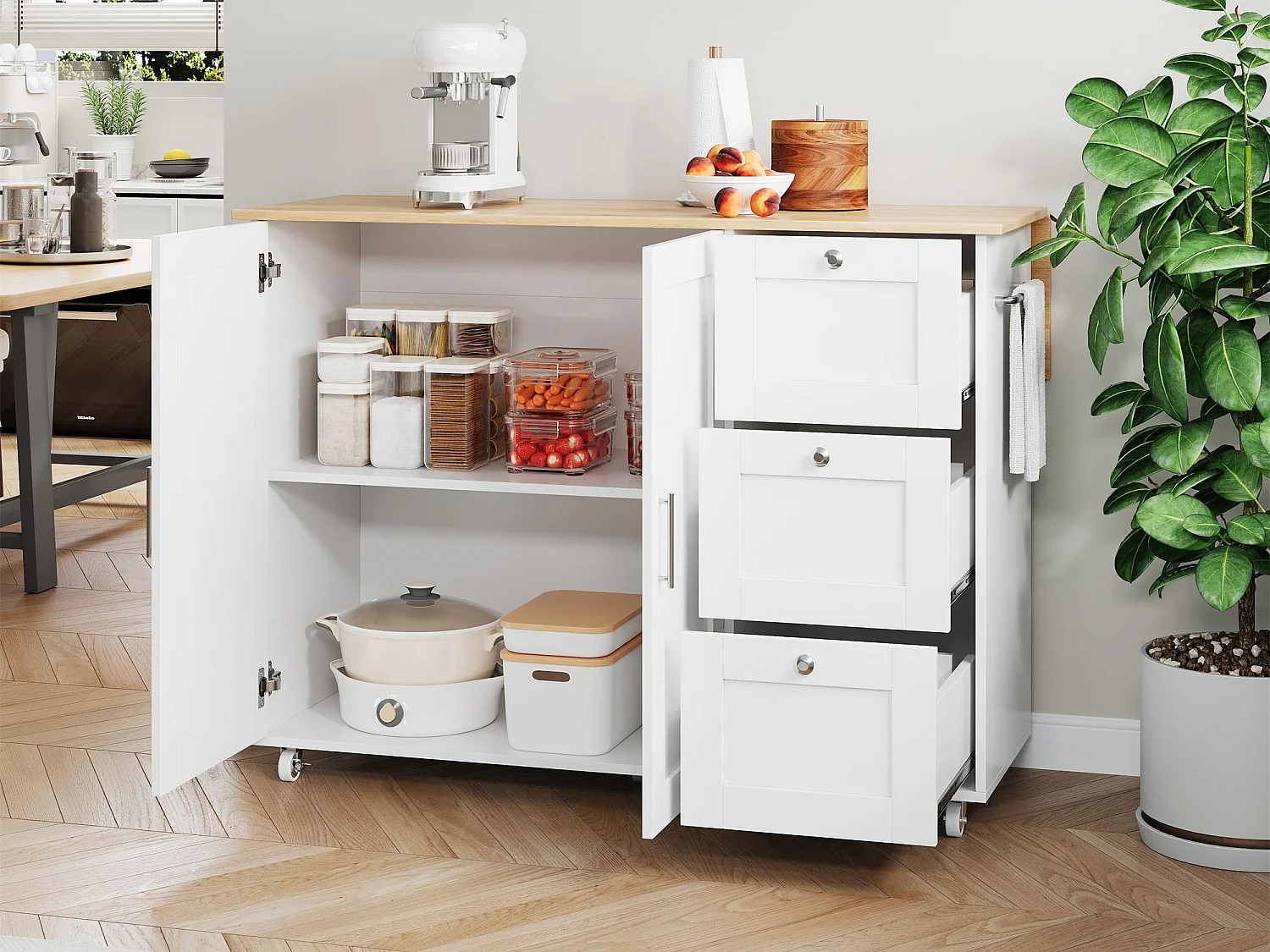 Zentrale Kücheninsel - mit klappbarem Counter - 3 Schubladen und verstellbare Regale - Weiß