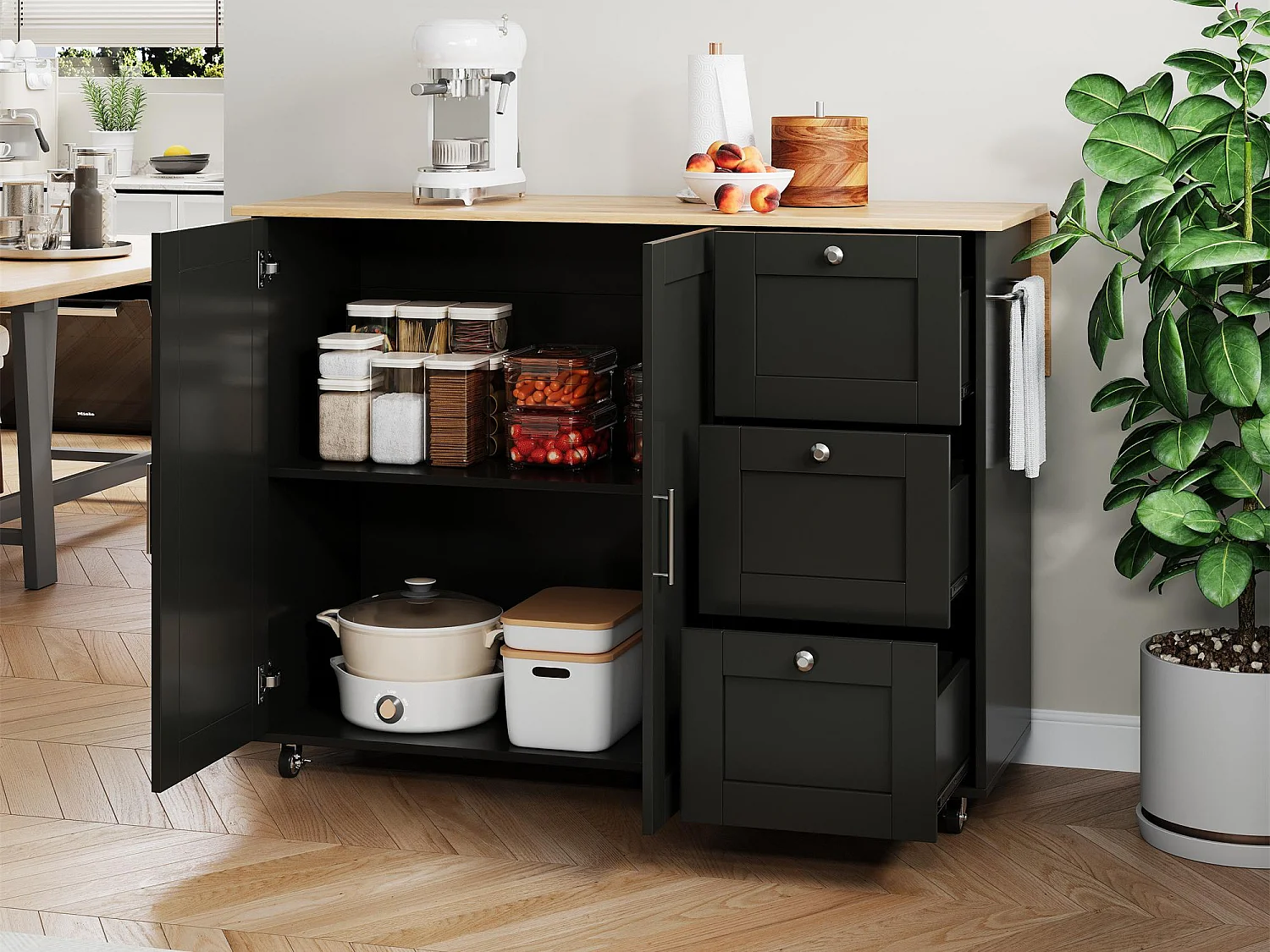 Zentrale Kücheninsel - mit klappbarem Tresen - 3 Schubladen und verstellbare Regale - Schwarz