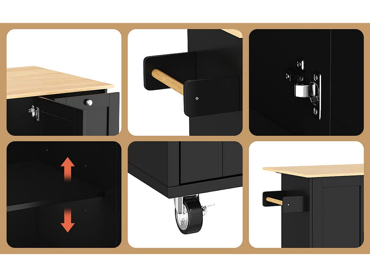 Zentrale Kücheninsel - mit klappbarem Tresen - 3 Schubladen und verstellbare Regale - Schwarz