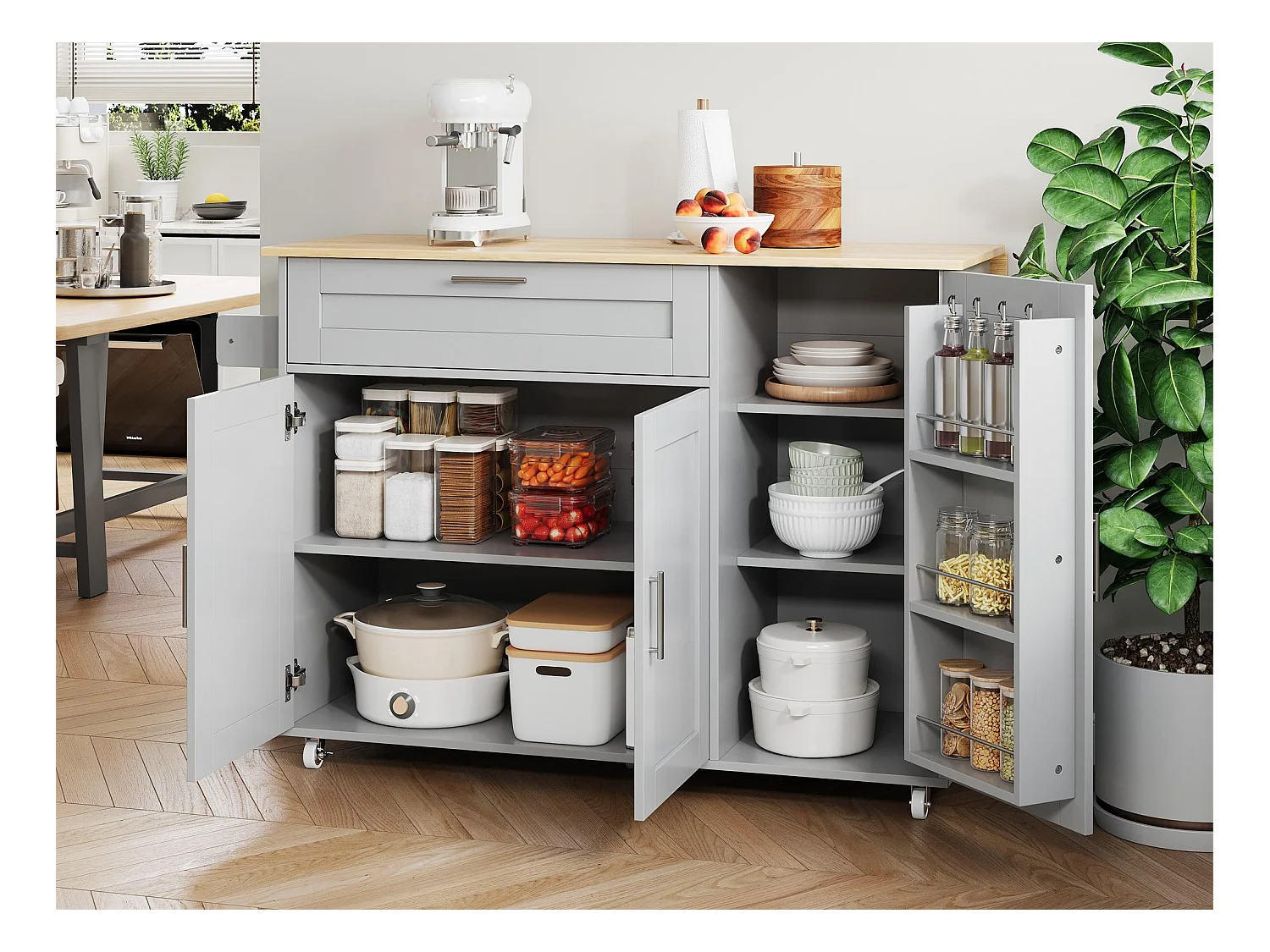 Ilot central de cuisine - avec comptoir pliant - multiples rangements - Gris