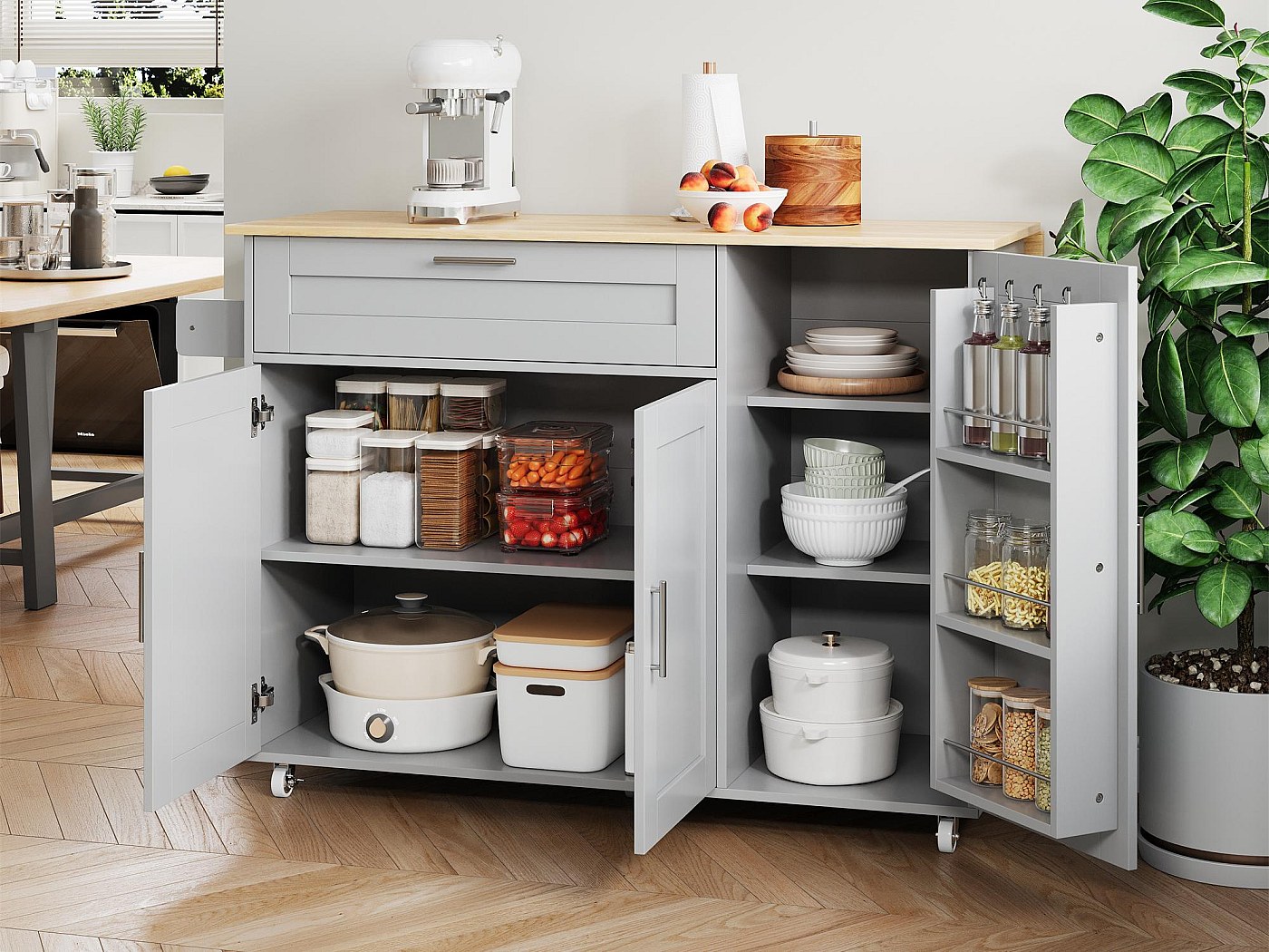 Desserte en roulettes - avec comptoir pliant - multiples rangements - Gris